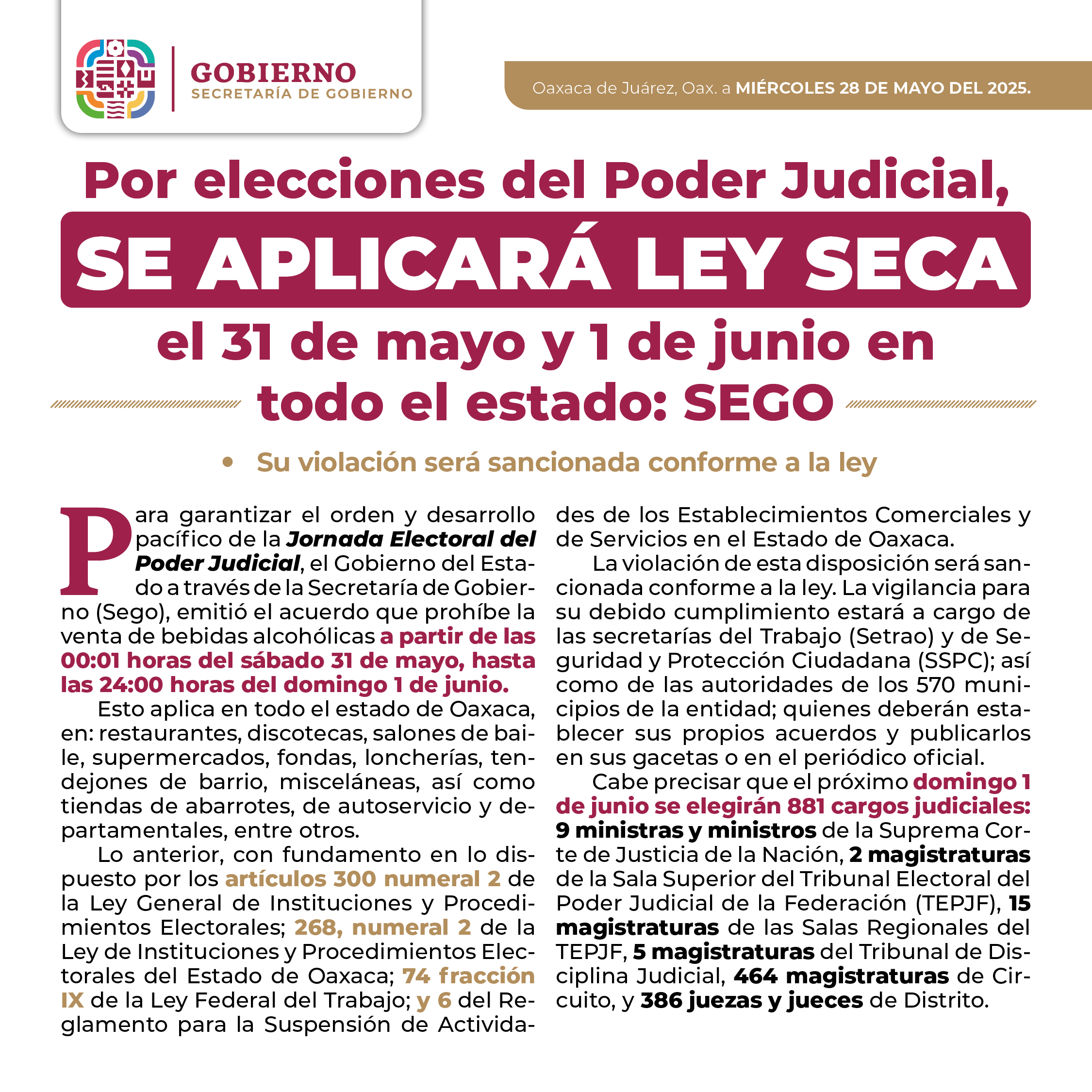 Por elecciones del Poder Judicial, se aplicará Ley Seca el 31 de mayo y 1 de junio en todo el estado: Sego