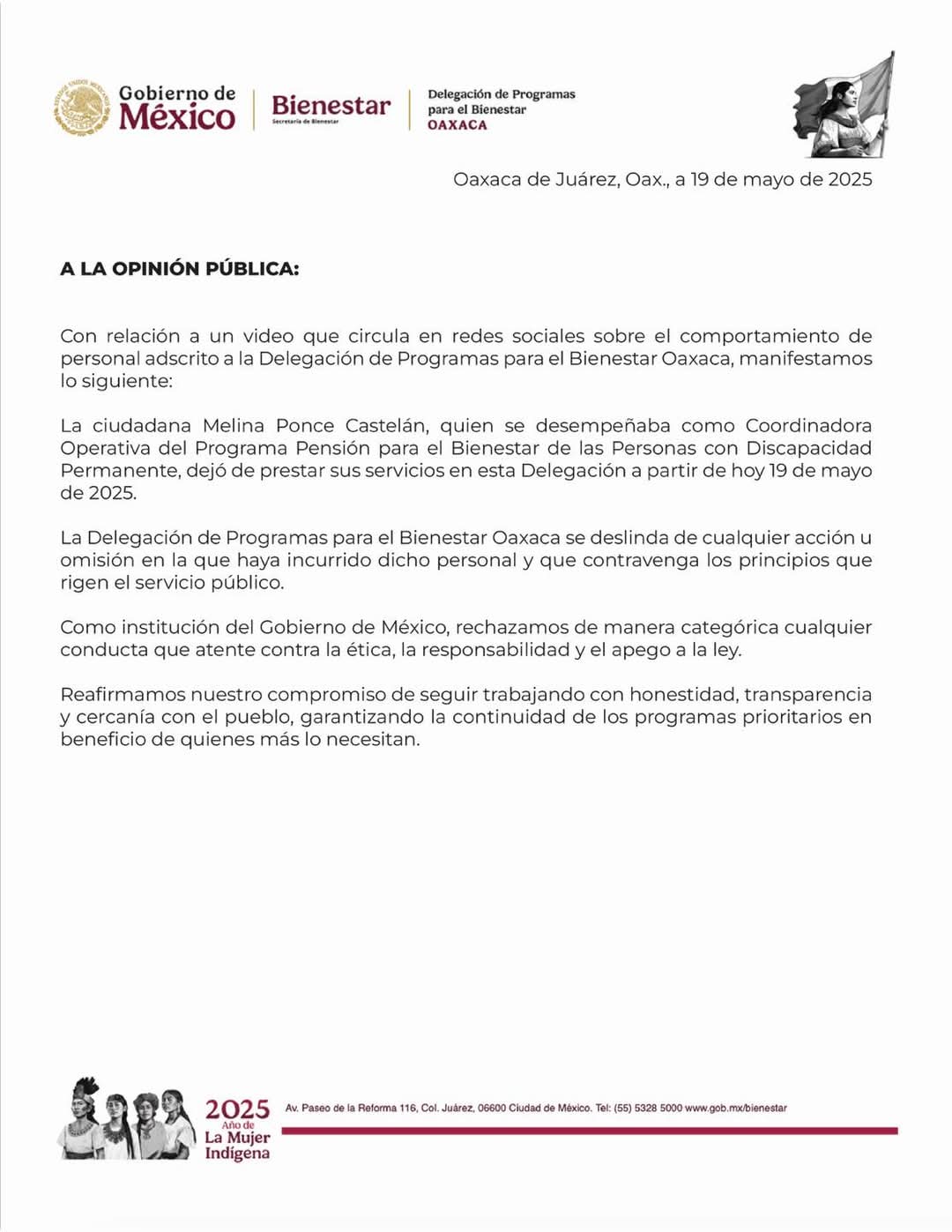 Destituyen a funcionaria de Bienestar en Oaxaca tras escándalo por conducta inapropiada