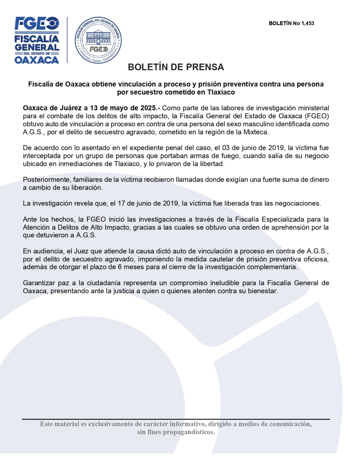 Obtiene FGEO vinculación a proceso y prisión preventiva contra una persona por secuestro en Tlaxiaco