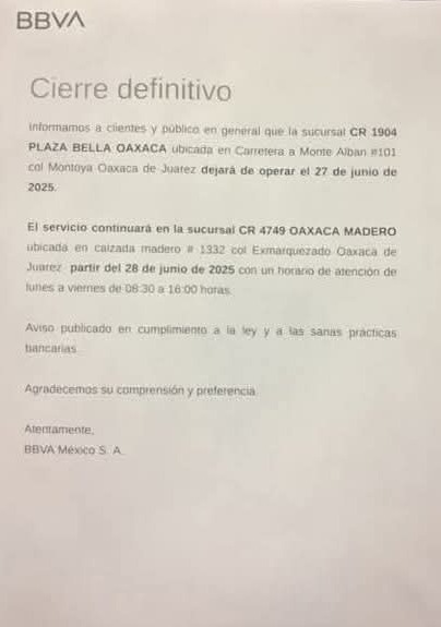 Informa BBVA cierre definitivo de sucursal en Plaza Bella, Oaxaca
