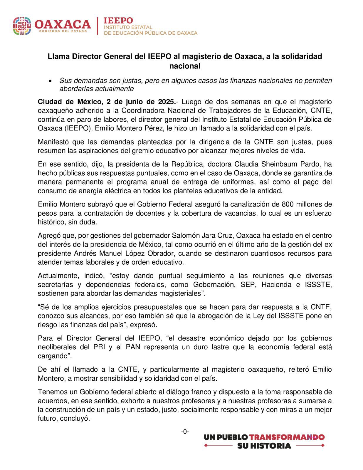 Llama Director General del IEEPO al magisterio oaxaqueño a la solidaridad nacional