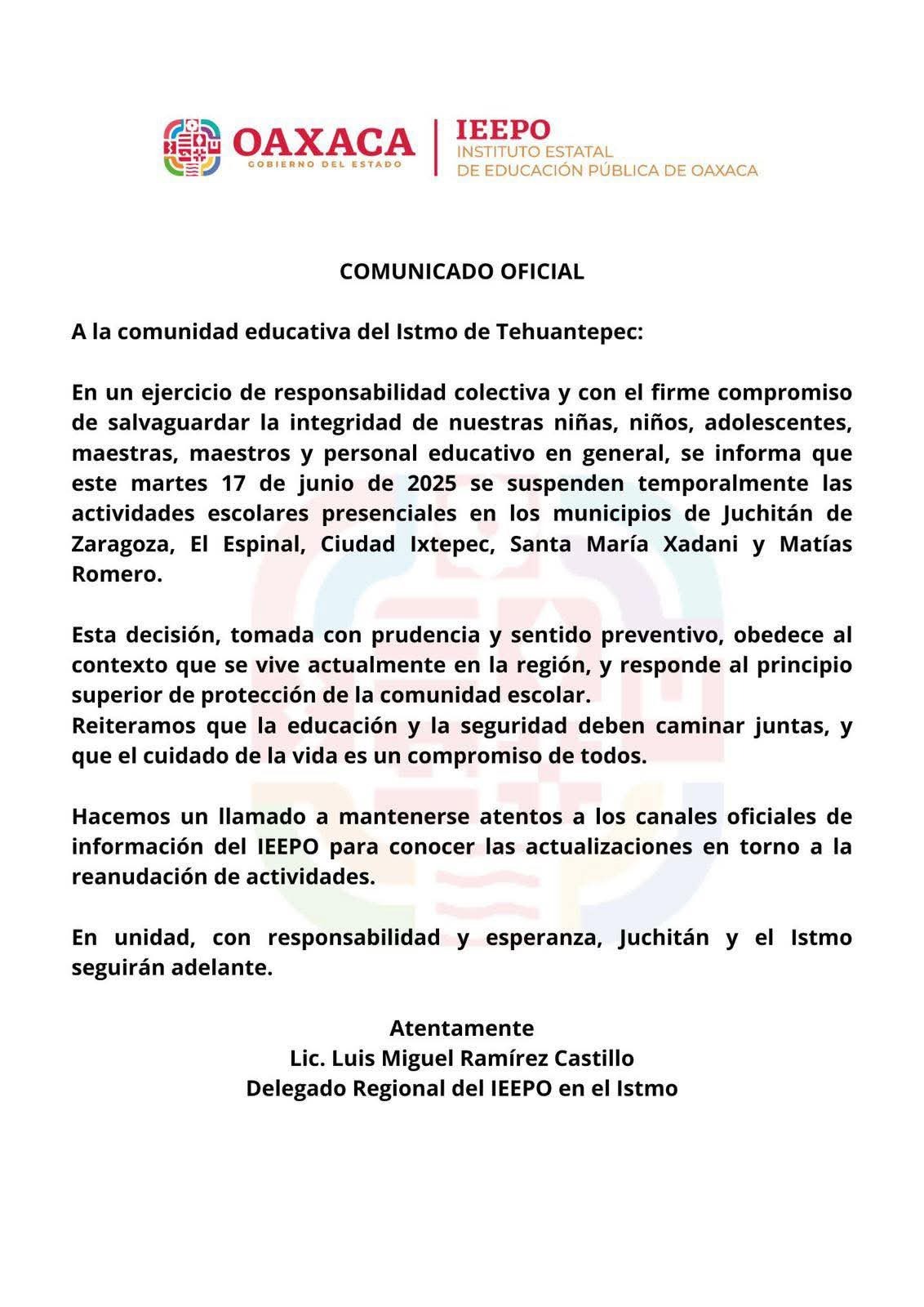 Suspende IEEPO clases en cinco municipios del Istmo