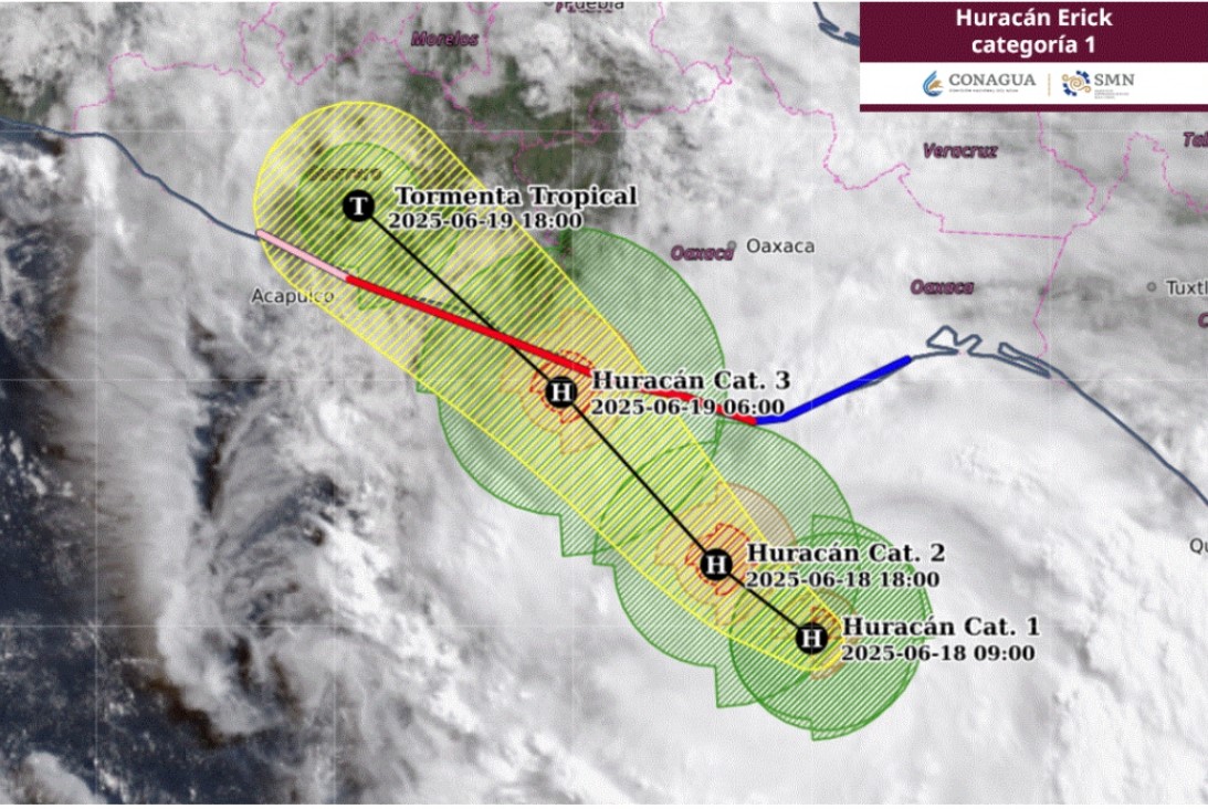 Huracán Erick categoría 1 se intensifica gradualmente, su centro se localiza frente a las costas de Oaxaca