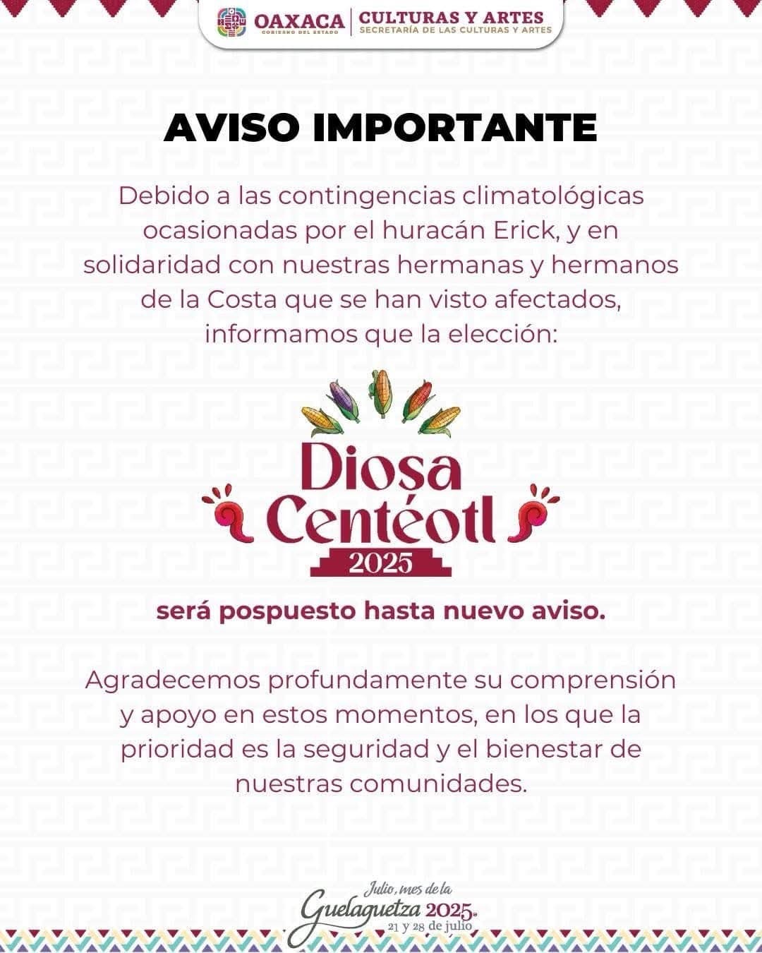 Posponen elección de la Diosa Centéotl 2025 por impacto del huracán Erick