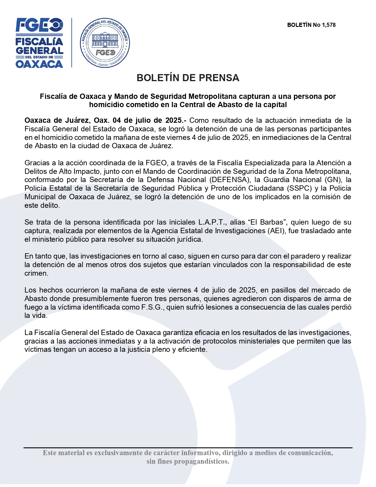 Capturan corporaciones a una persona por homicidio cometido en la Central de Abasto de la capital