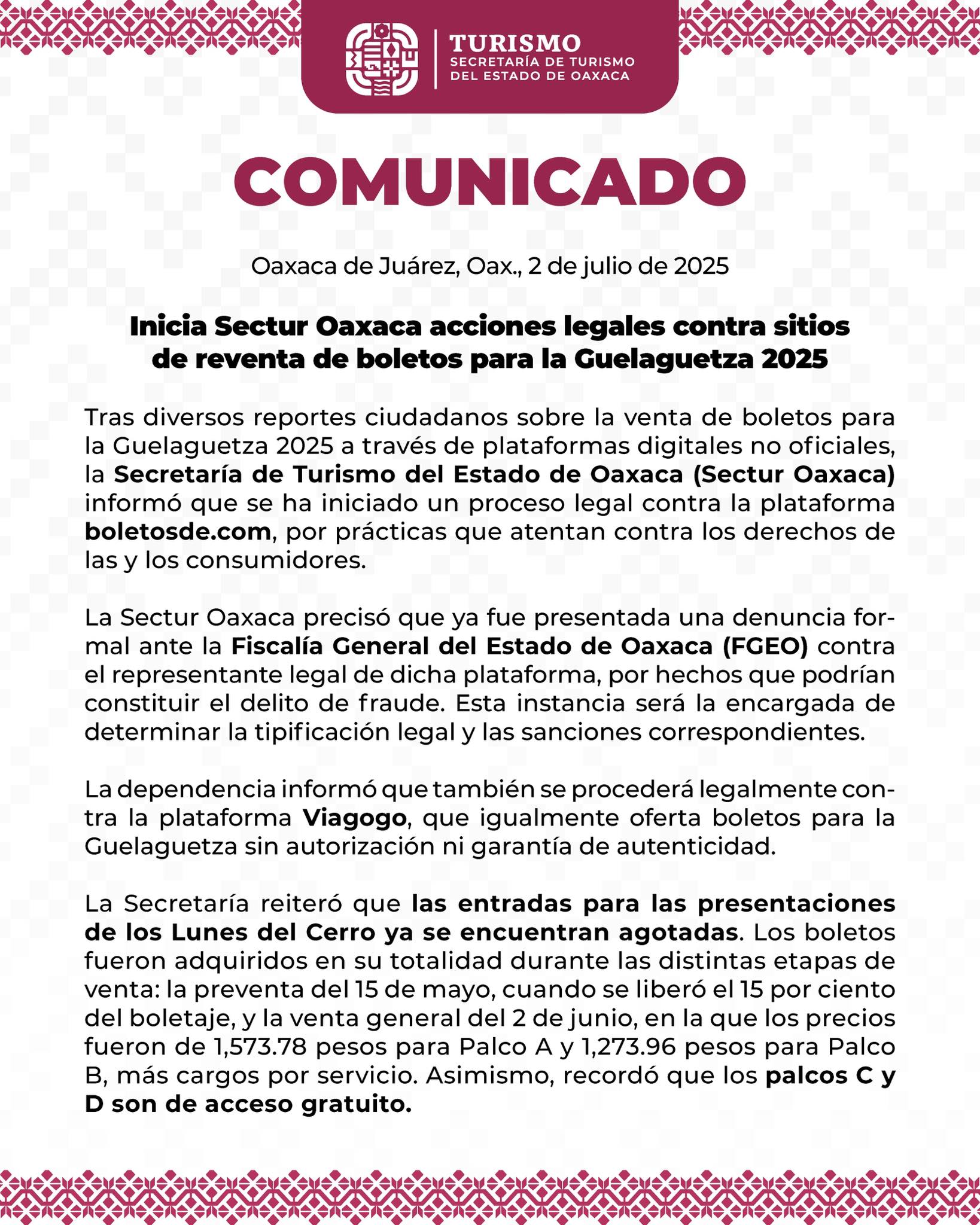 Emprende Sectur Oaxaca acciones legales contra reventa ilegal de boletos para la Guelaguetza 2025
