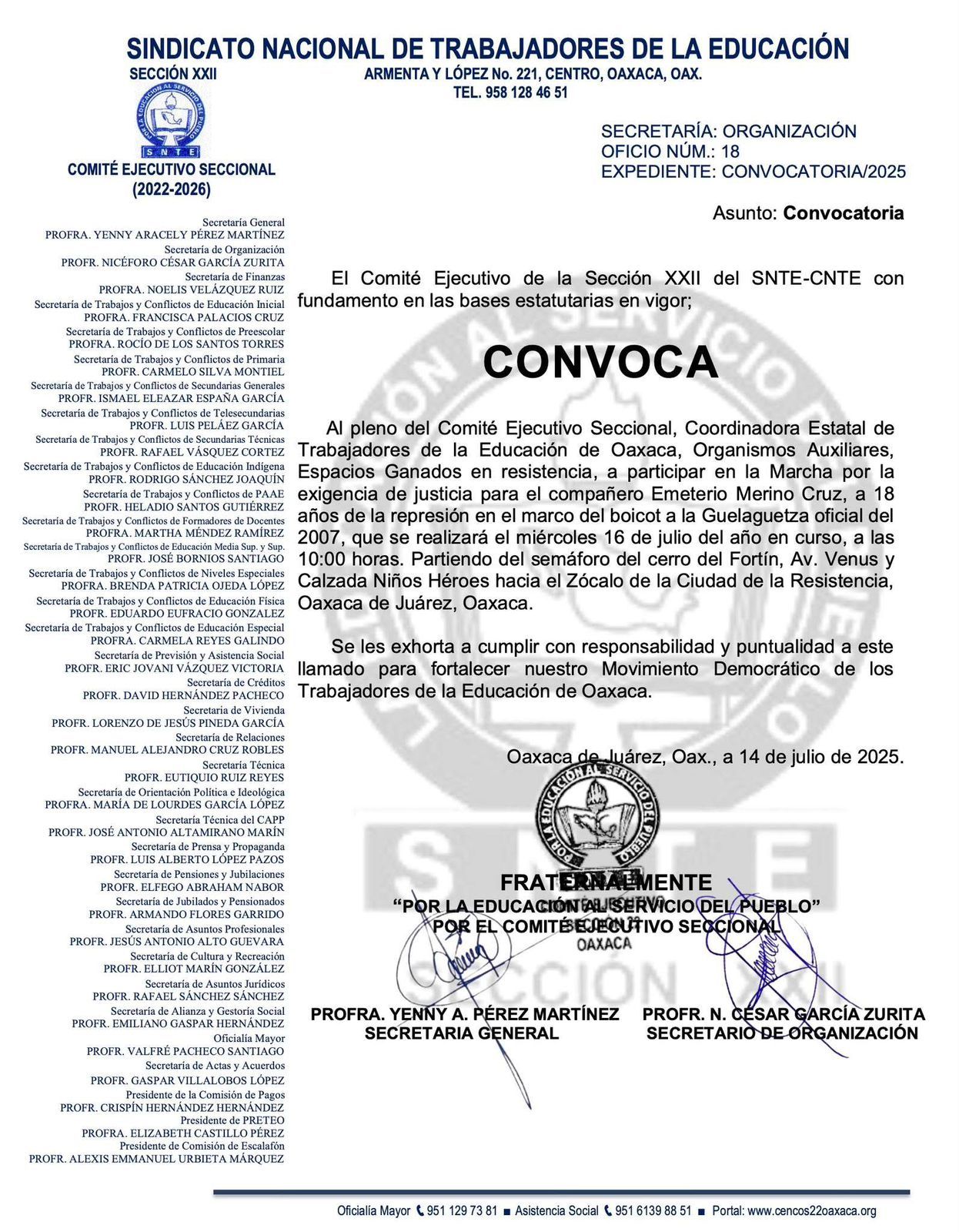 Marchará Sección 22 este miércoles; piden justicia para Emeterio Merino Cruz