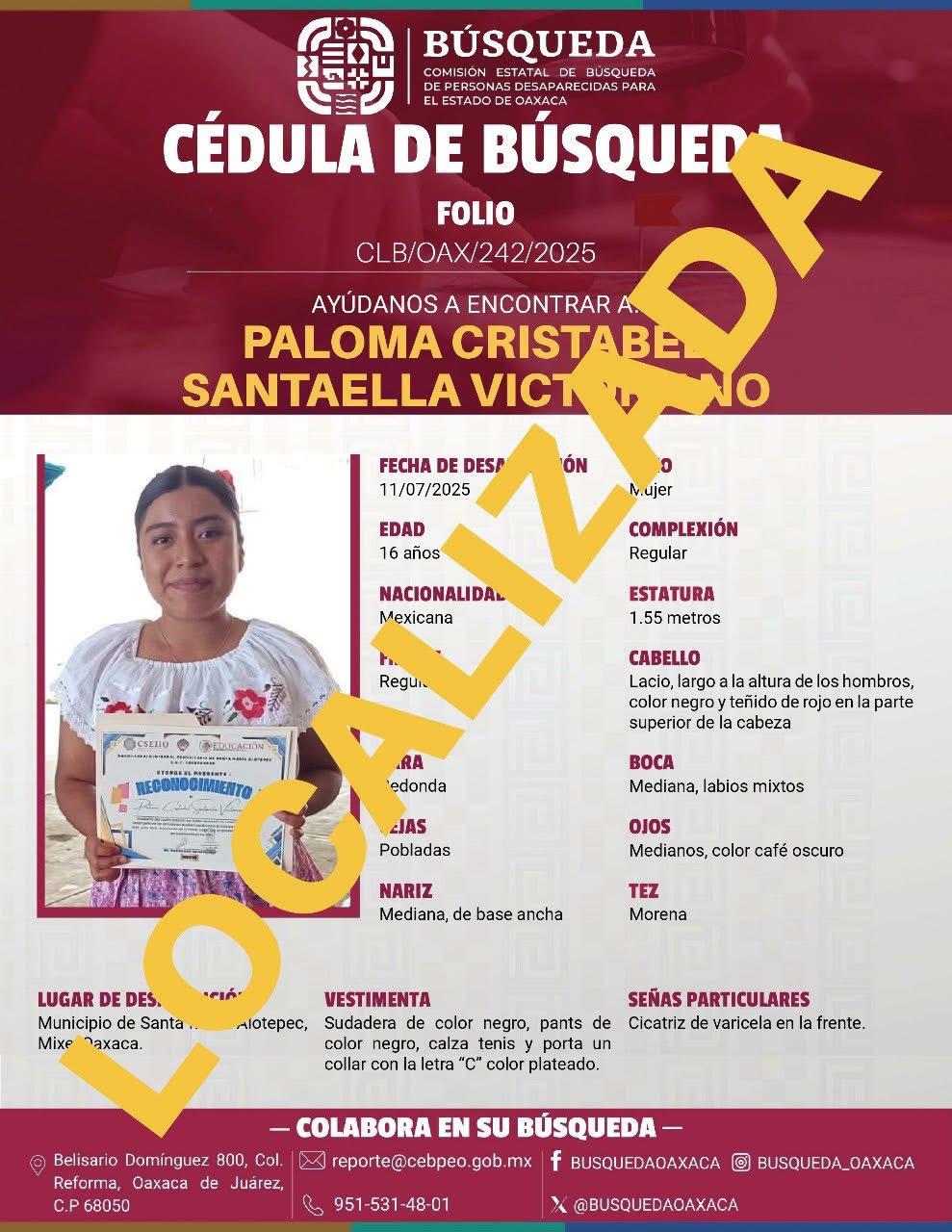 En menos de 24 horas, CLB Oaxaca localizan a adolescente desaparecida en Alotepec