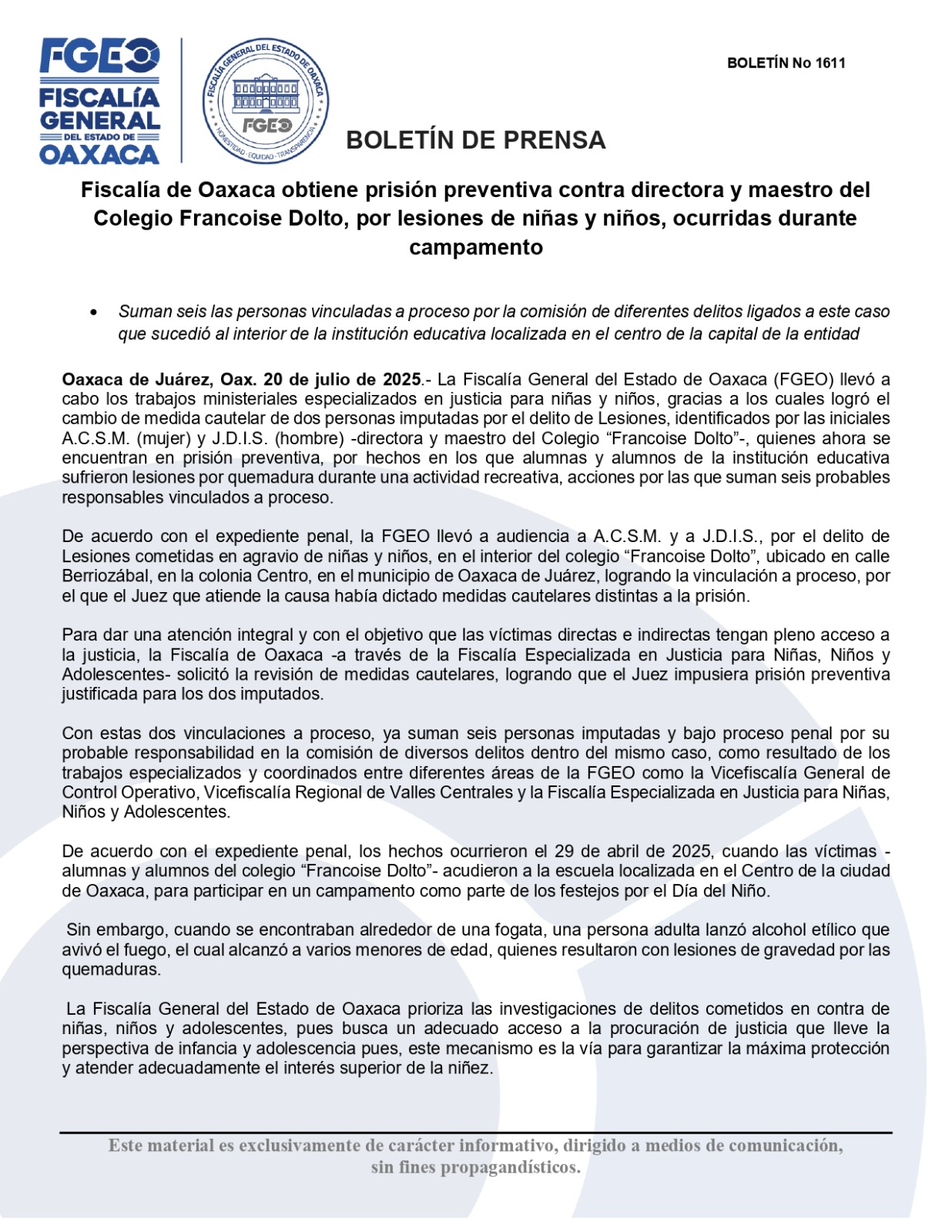 Obtiene FGEO prisión preventiva contra directora y maestro del Colegio Francoise Dolto