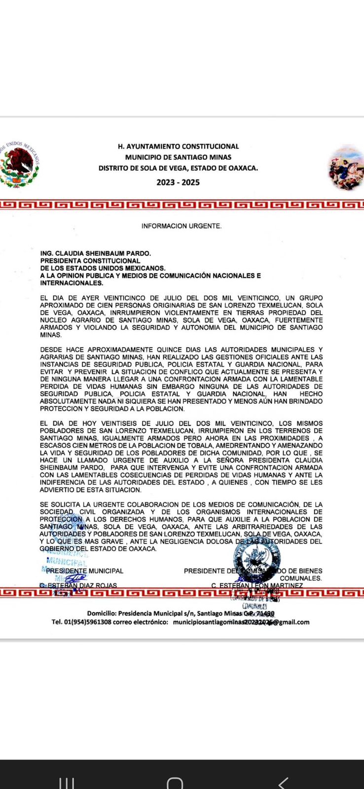 Informa municipio de Santiago Minas sobre amenaza de violencia