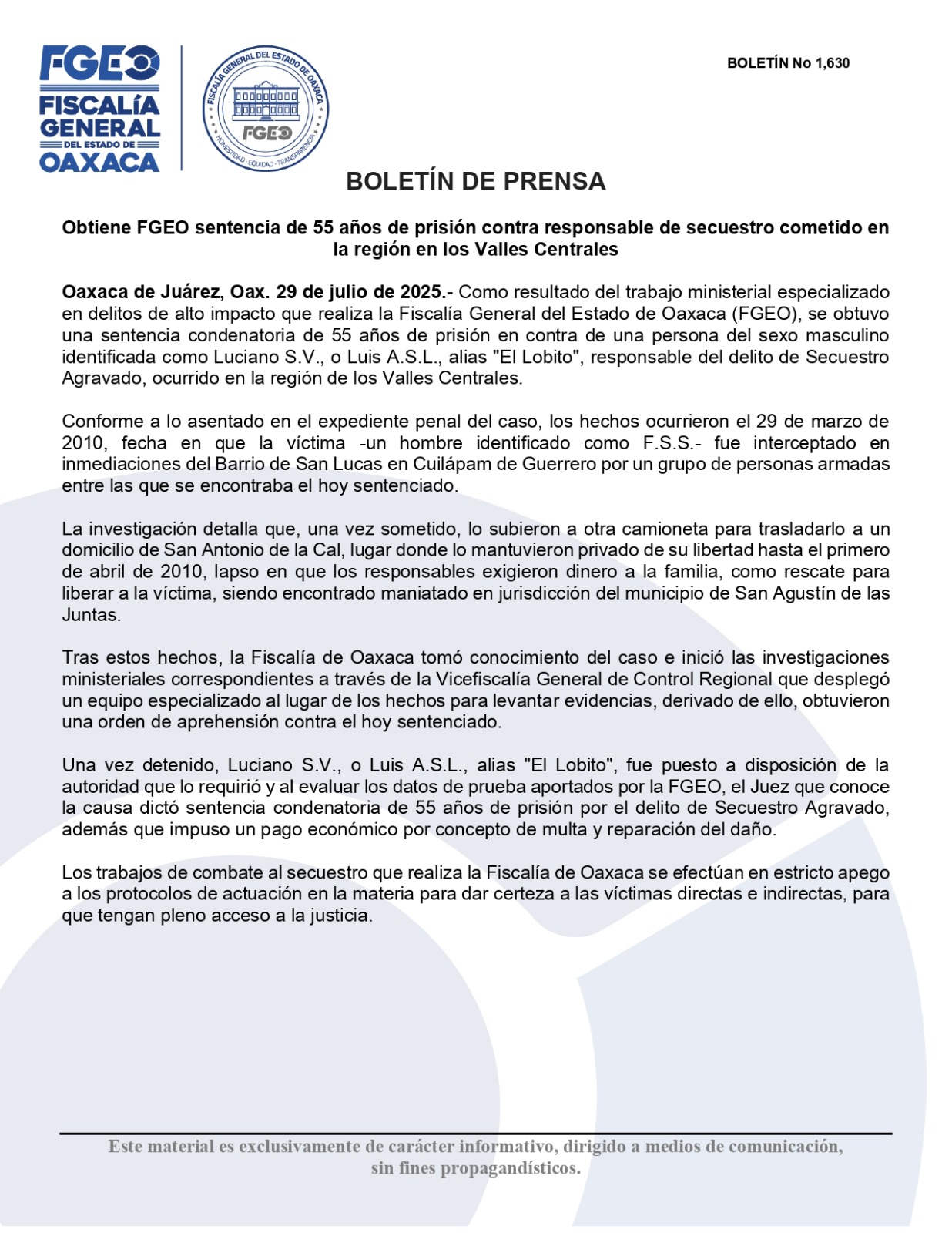 Obtiene FGEO sentencia de 55 años de prisión contra responsable de secuestro cometido en la región en los Valles Centrales