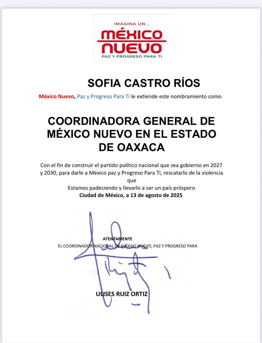 Designa Ulises Ruiz a Sofía Castro Ríos como líder de México Nuevo en Oaxaca