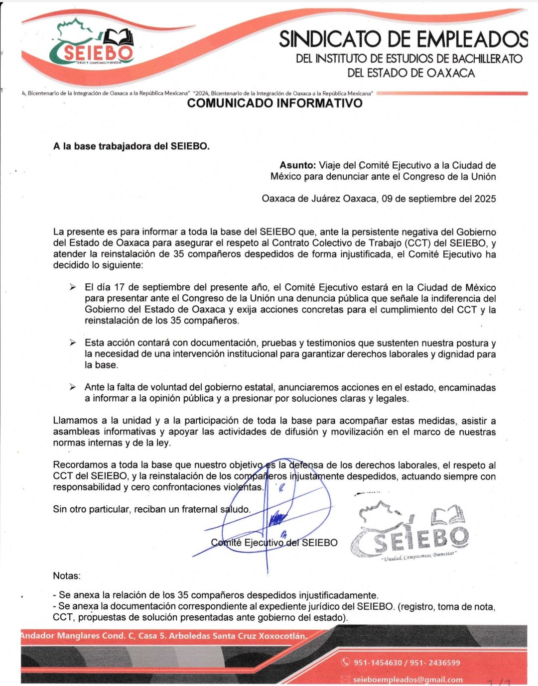 Anuncia SEIEBO movilizaciones en el Congreso de la Unión por despidos injustificados