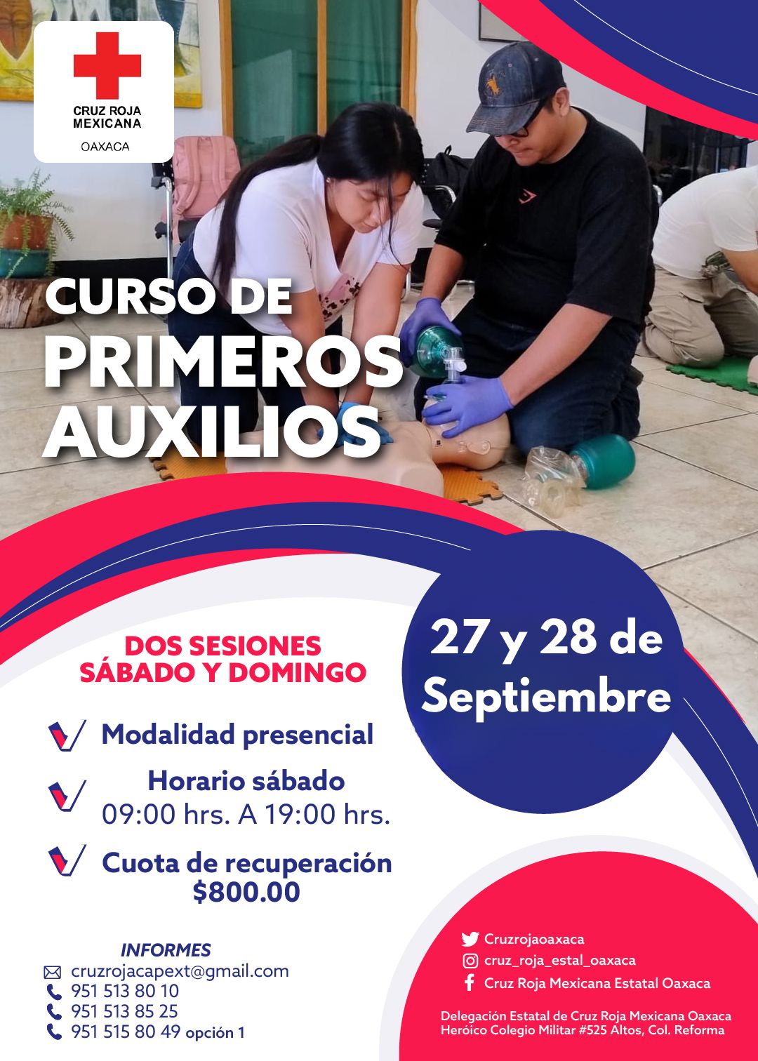 Invita Cruz Roja Oaxaca a curso de primeros auxilios este 27 y 28 de septiembre