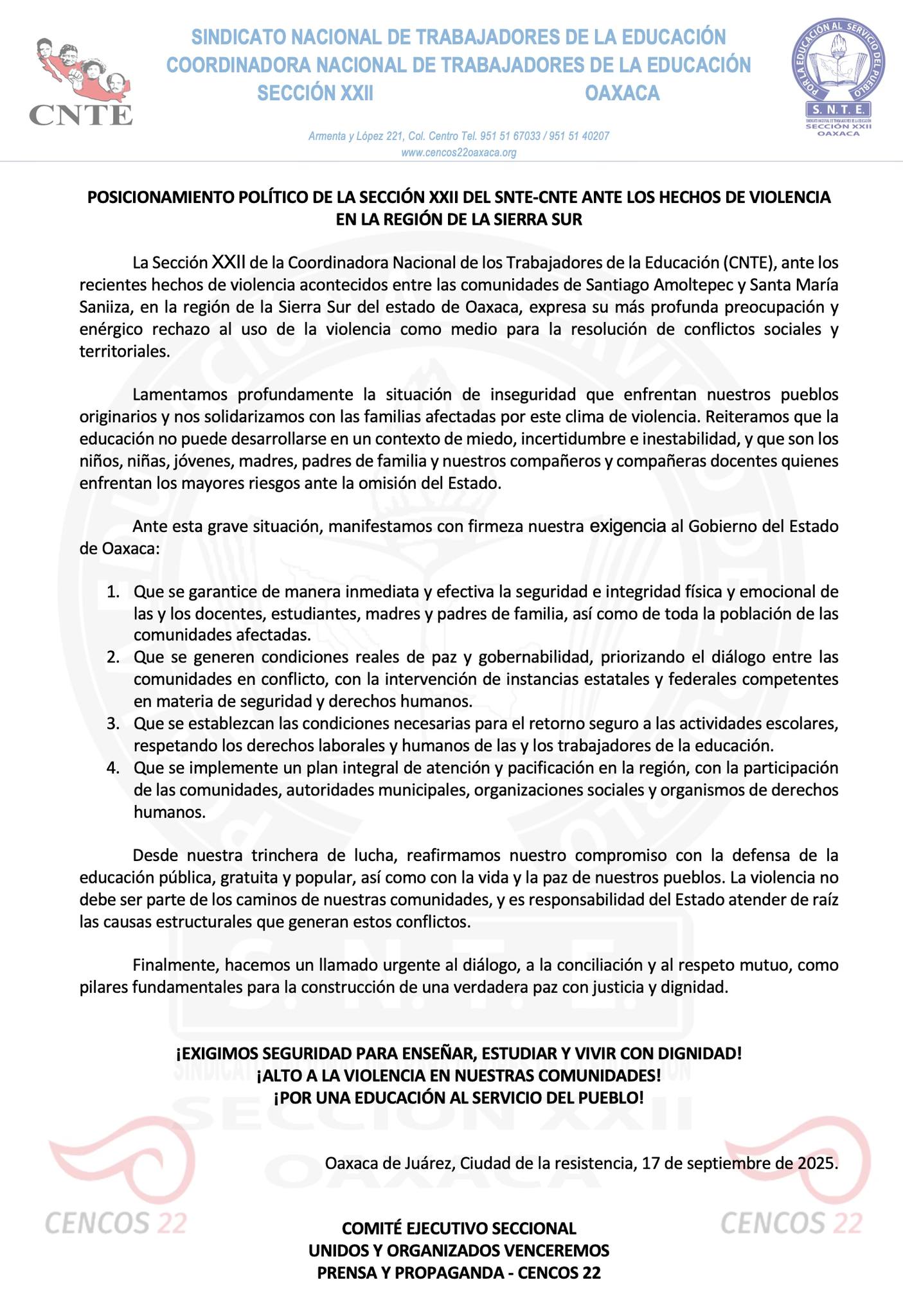 Condena Sección XXII hechos de violencia en la Sierra Sur