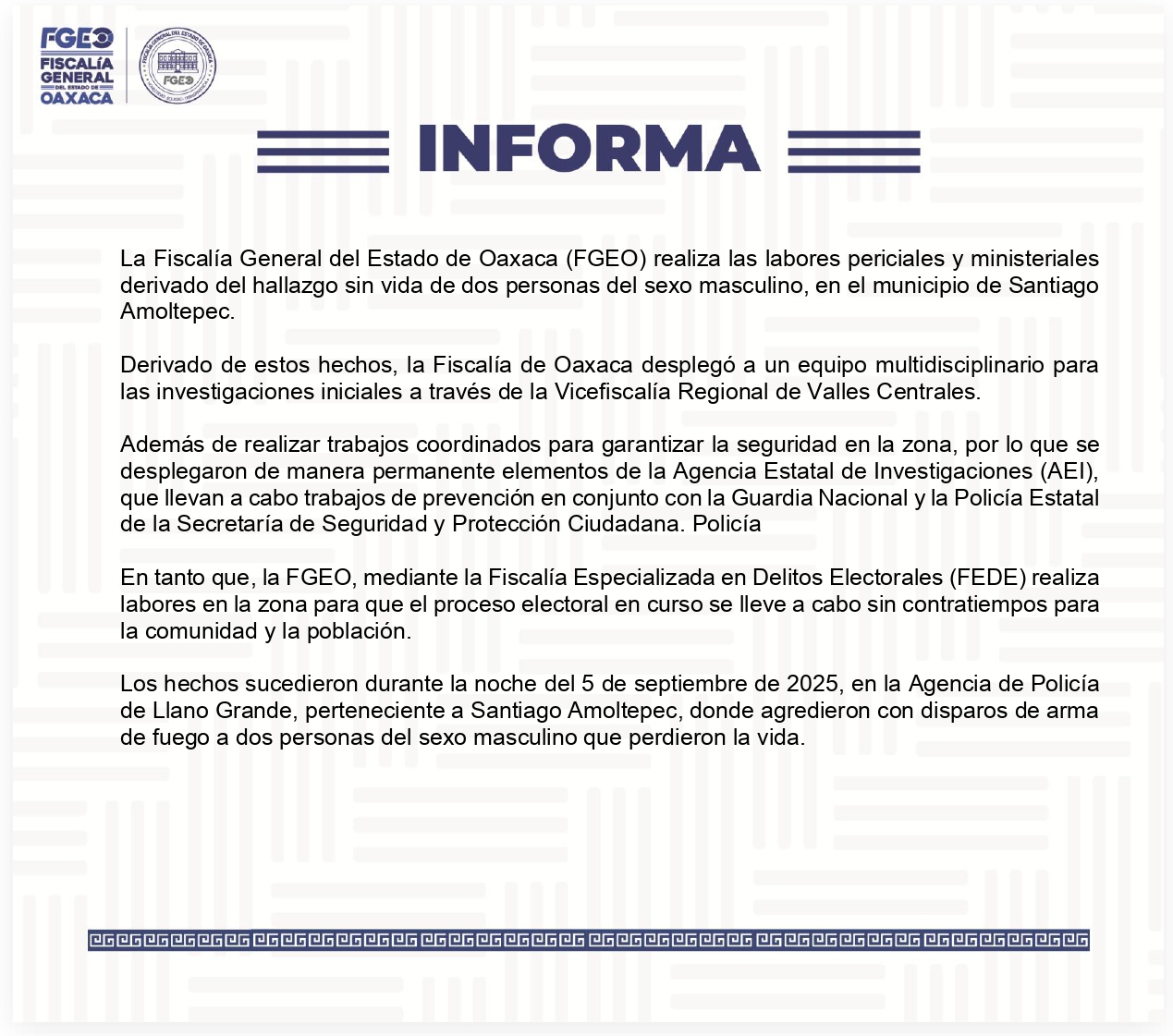 Refuerza Fiscalía seguridad tras doble homicidio en Amoltepec