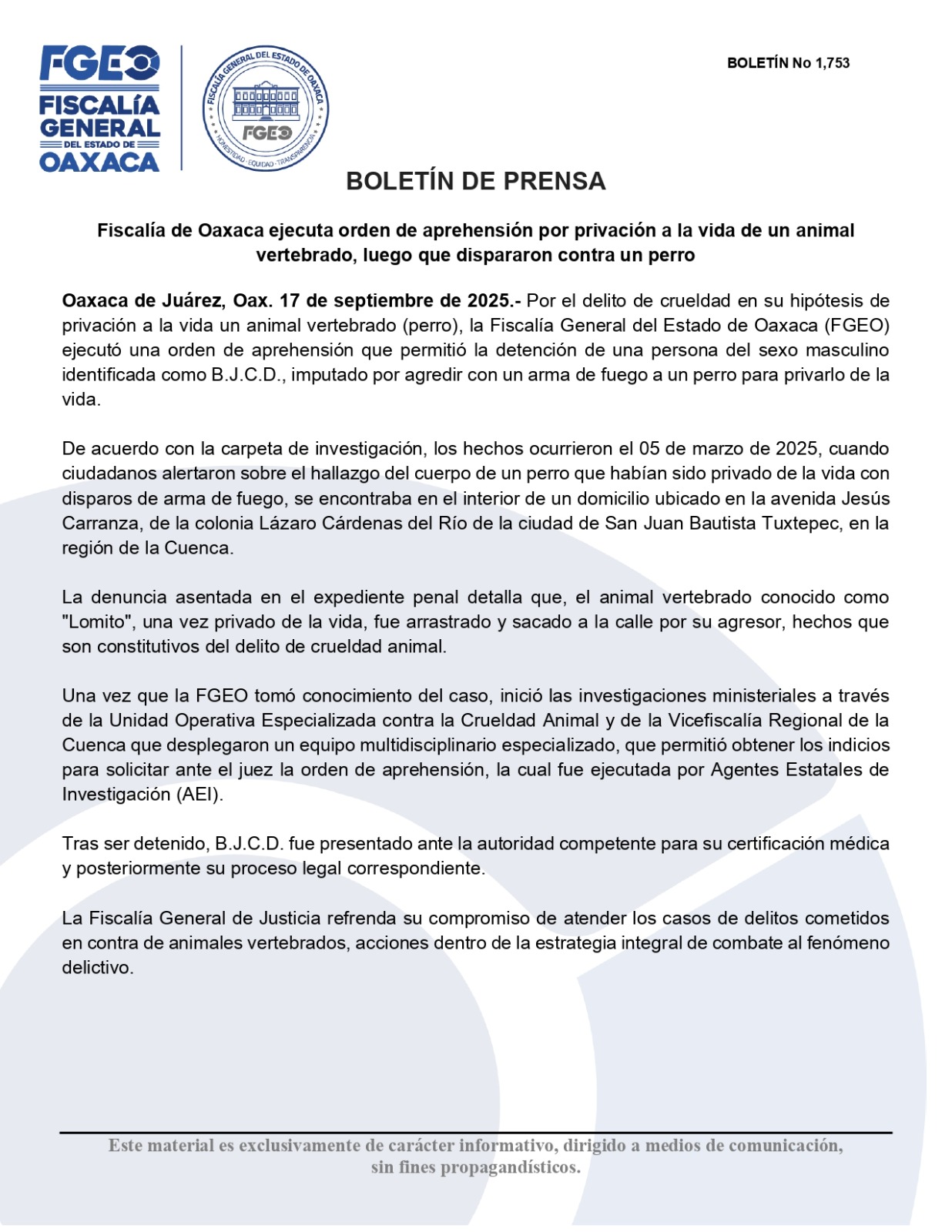 Ejecuta FGEO orden de aprehensión por privación a la vida de un animal vertebrado