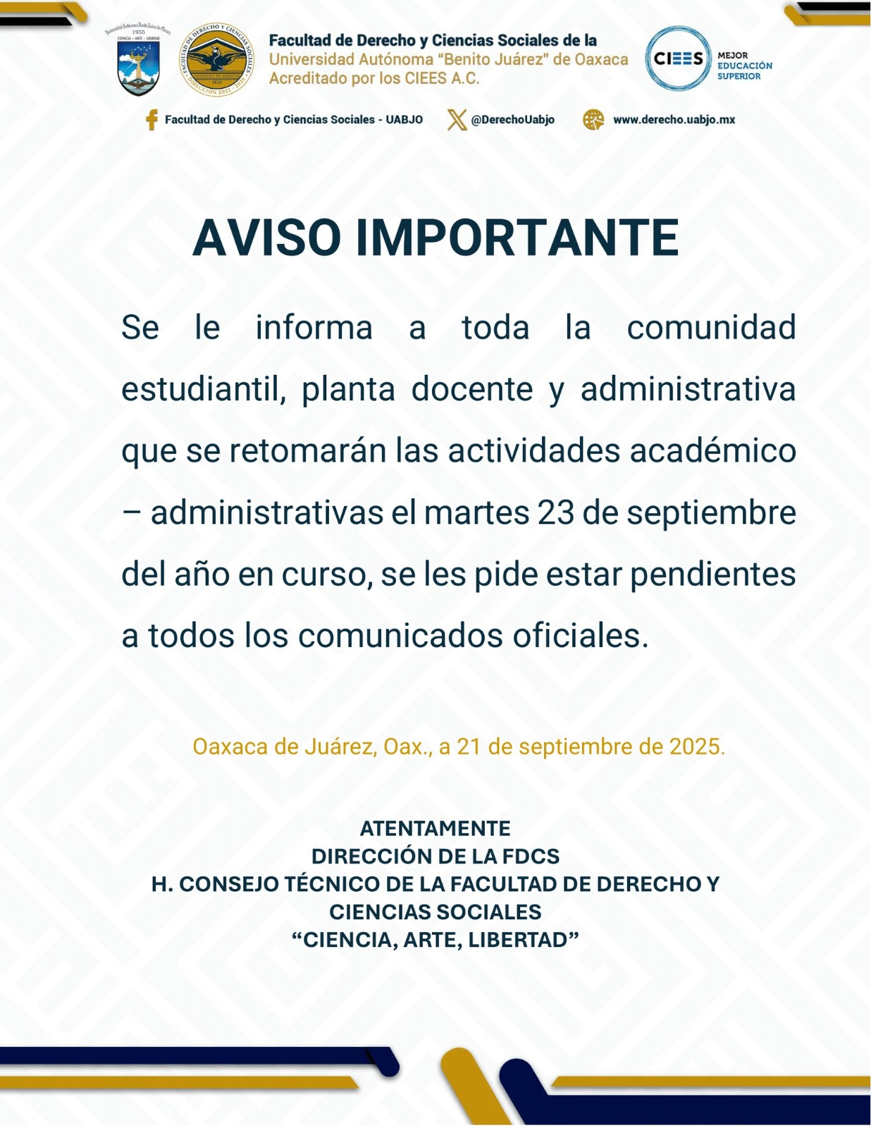 Retoma FDCS de la UABJO actividades académicas este martes 23 de septiembre