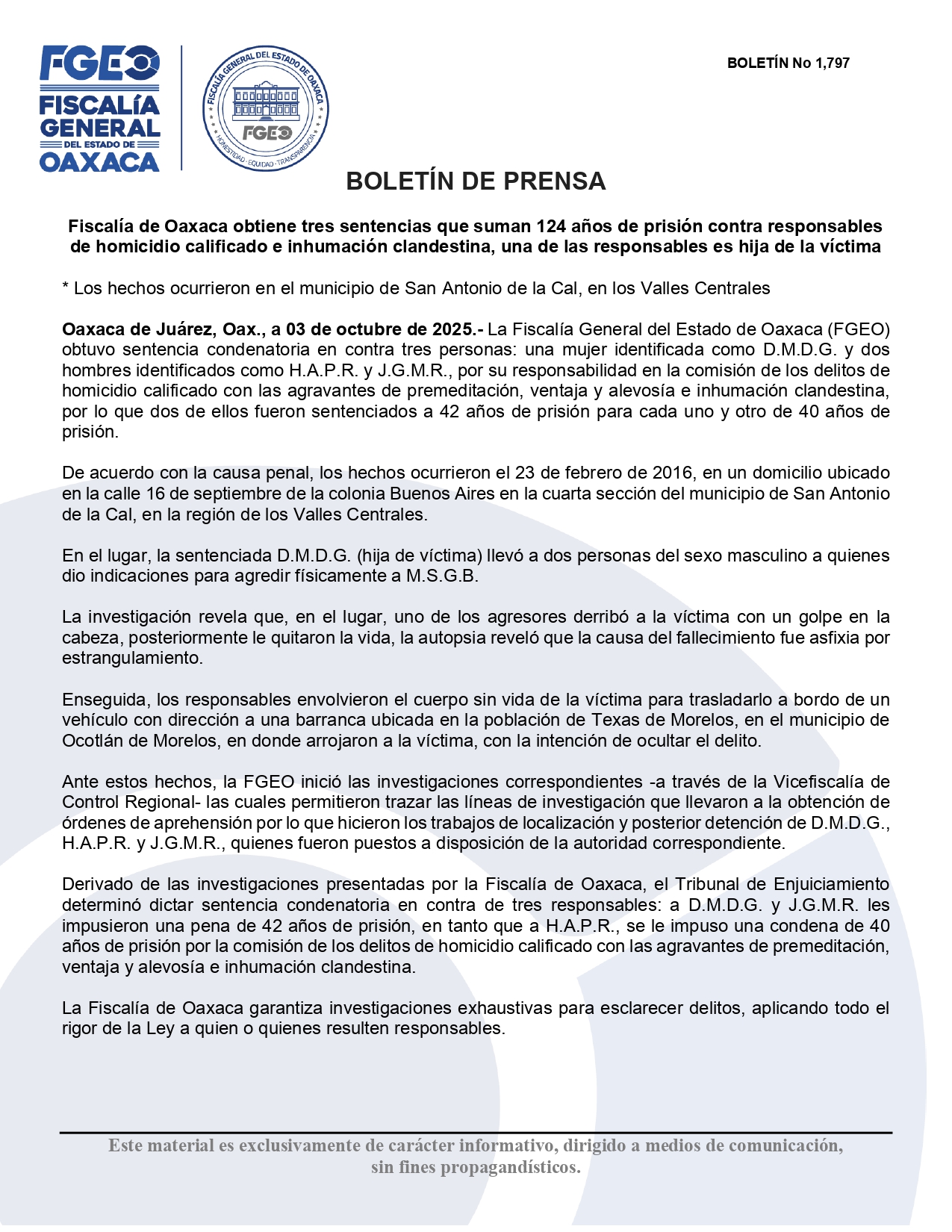 Obtiene FGEO sentencias que suman 124 años de prisión por homicidio e inhumación clandestina