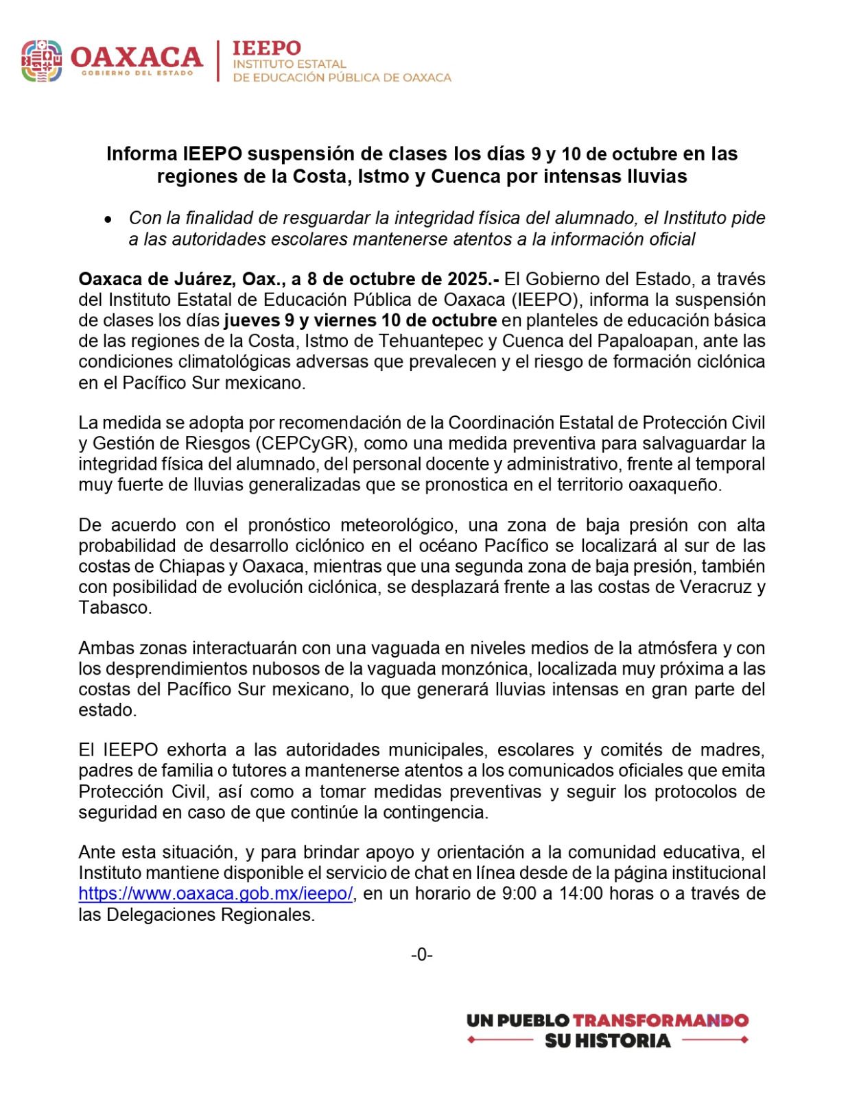 Informa IEEPO suspensión de clases los días 9 y 10 de octubre en las regiones de la Costa, Istmo y Cuenca por intensas lluvias