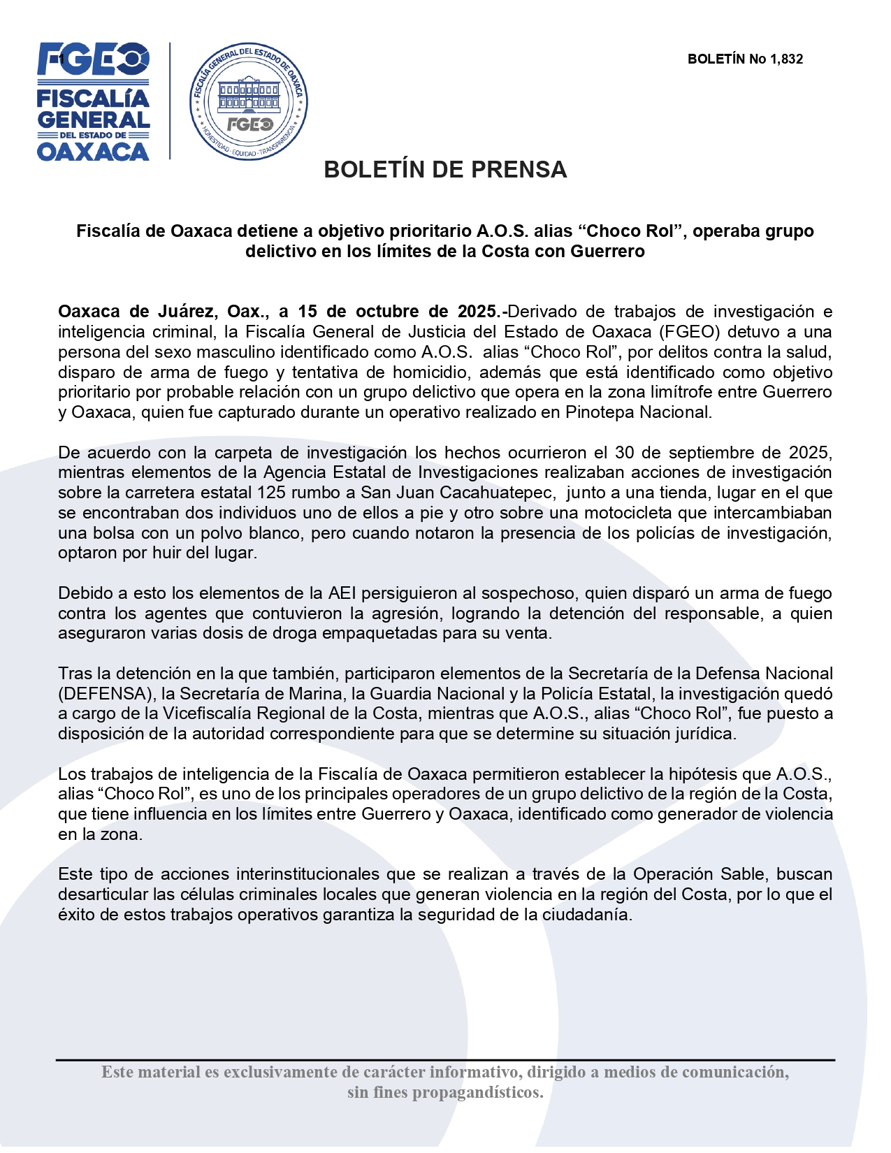 Detiene FGEO a objetivo prioritario A.O.S. alias “Choco Rol”, operaba grupo delictivo en los límites de la Costa con Guerrero
