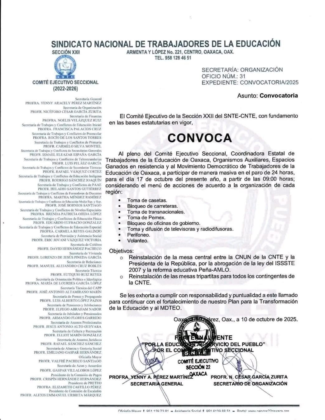 Convoca la Sección 22 a paro de 24 horas este 17 de octubre