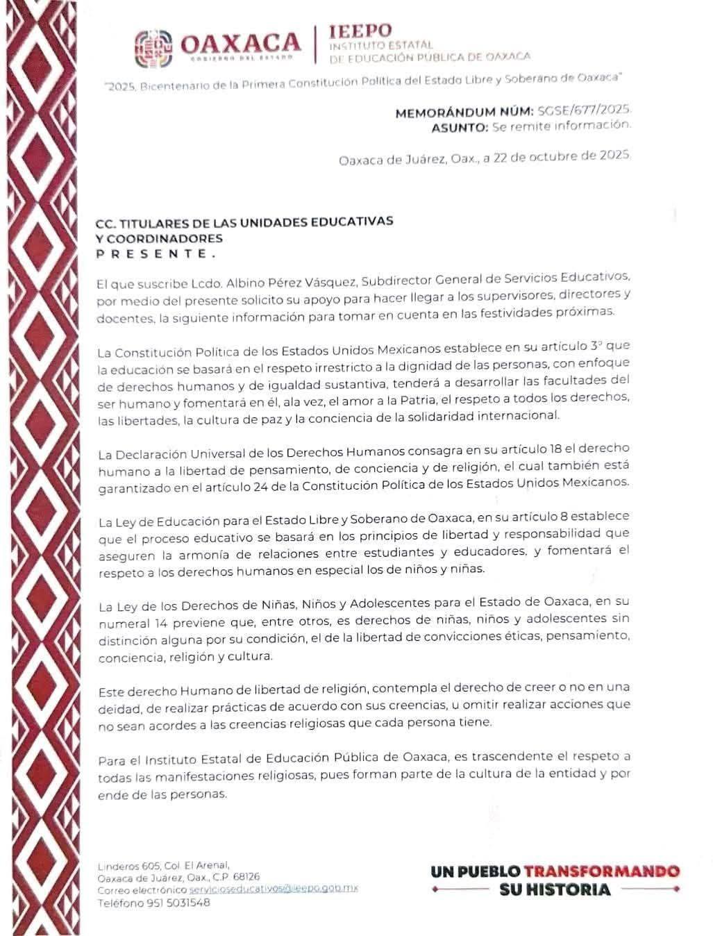 Exhorta IEEPO a respetar creencias de estudiantes durante celebraciones de Fieles Difuntos