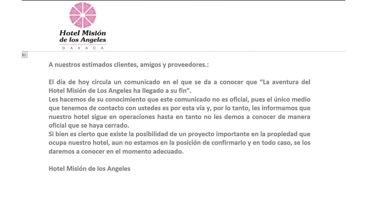 Desmiente Hotel Misión de los Ángeles cierre de operaciones en Oaxaca