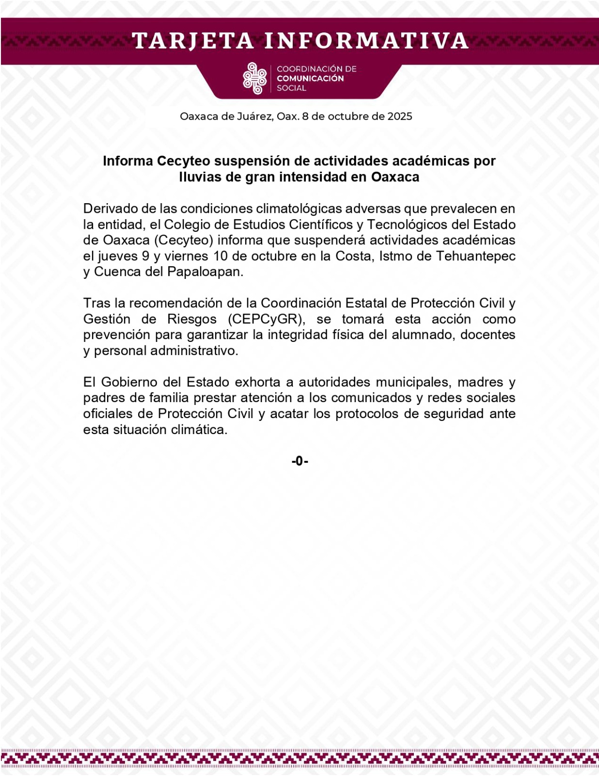 Informa Cecyteo suspensión de actividades académicas por lluvias de gran intensidad en Oaxaca