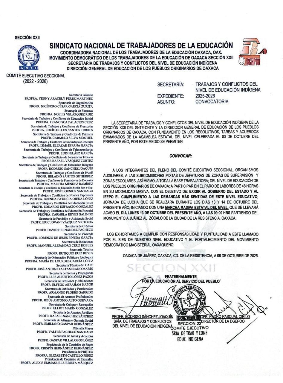 Sección 22 convoca a jornada de lucha de 48 horas del Nivel de Educación Indígena en Oaxaca