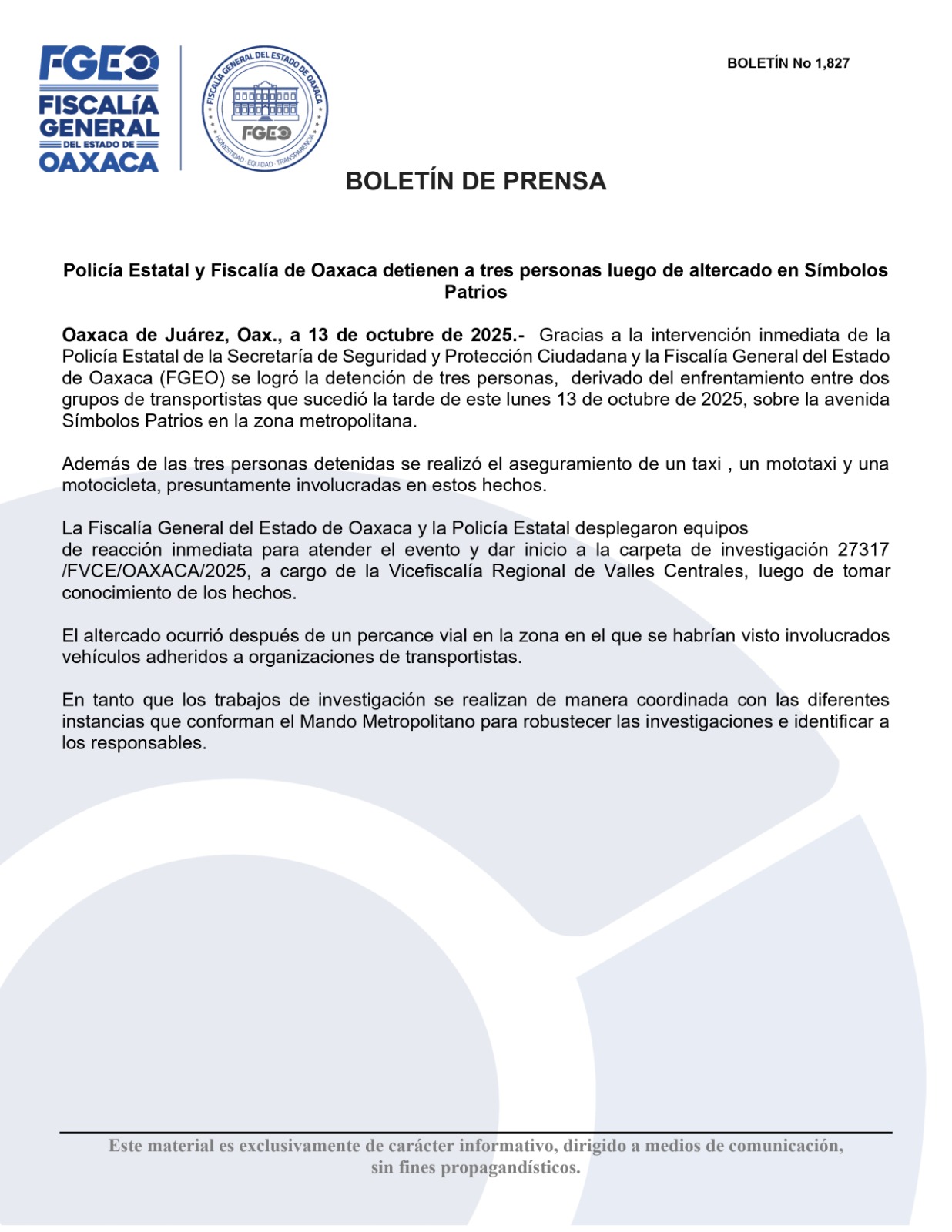 Policía Estatal y Fiscalía de Oaxaca detienen a tres personas luego de altercado en Símbolos Patrios¨