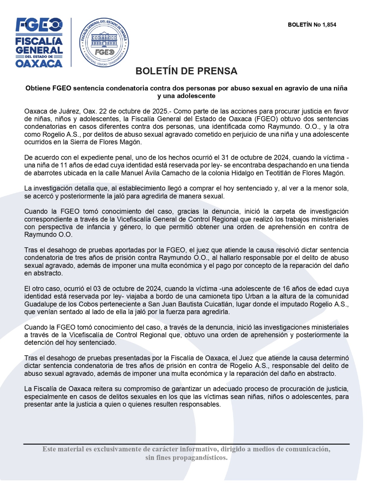 Obtiene FGEO sentencia condenatoria contra dos personas por abuso sexual en agravio de una niña y una adolescente