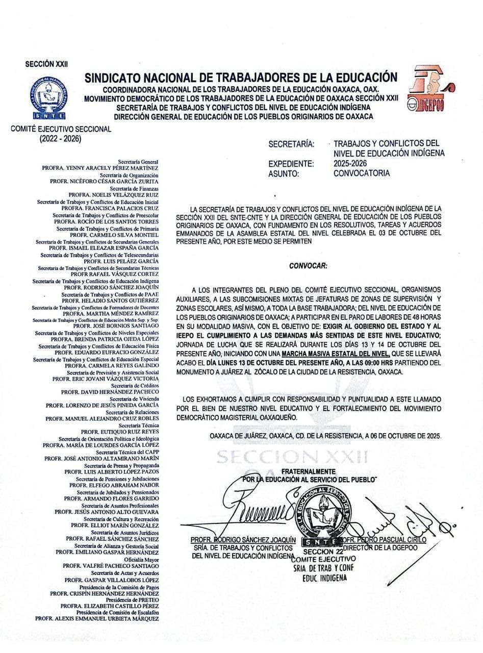 Convoca Sección 22 a marcha masiva estatal del Nivel de Educación Indígena