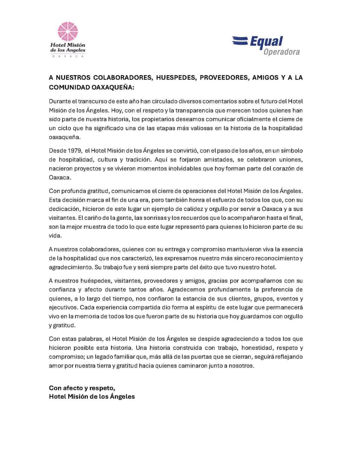Anuncia Hotel Misión de los Ángeles su cierre definitivo tras más de cuatro décadas de historia en Oaxaca