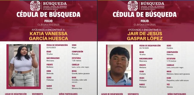 Piden apoyo para localizar a pareja desaparecida en Teotitlán de Flores Magón