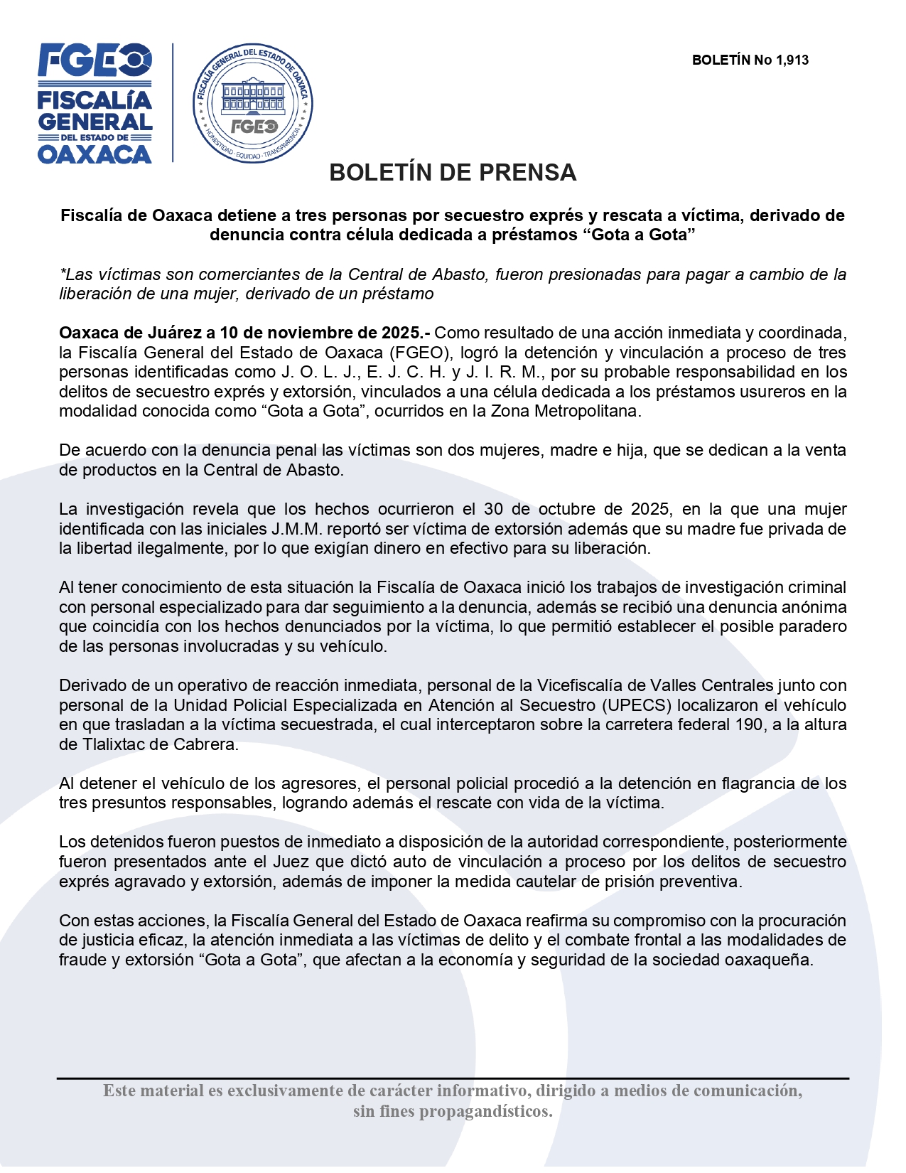 Detiene FGEO a tres personas por secuestro exprés y rescata a víctima, derivado de denuncia contra célula dedicada a préstamos “Gota a Gota”