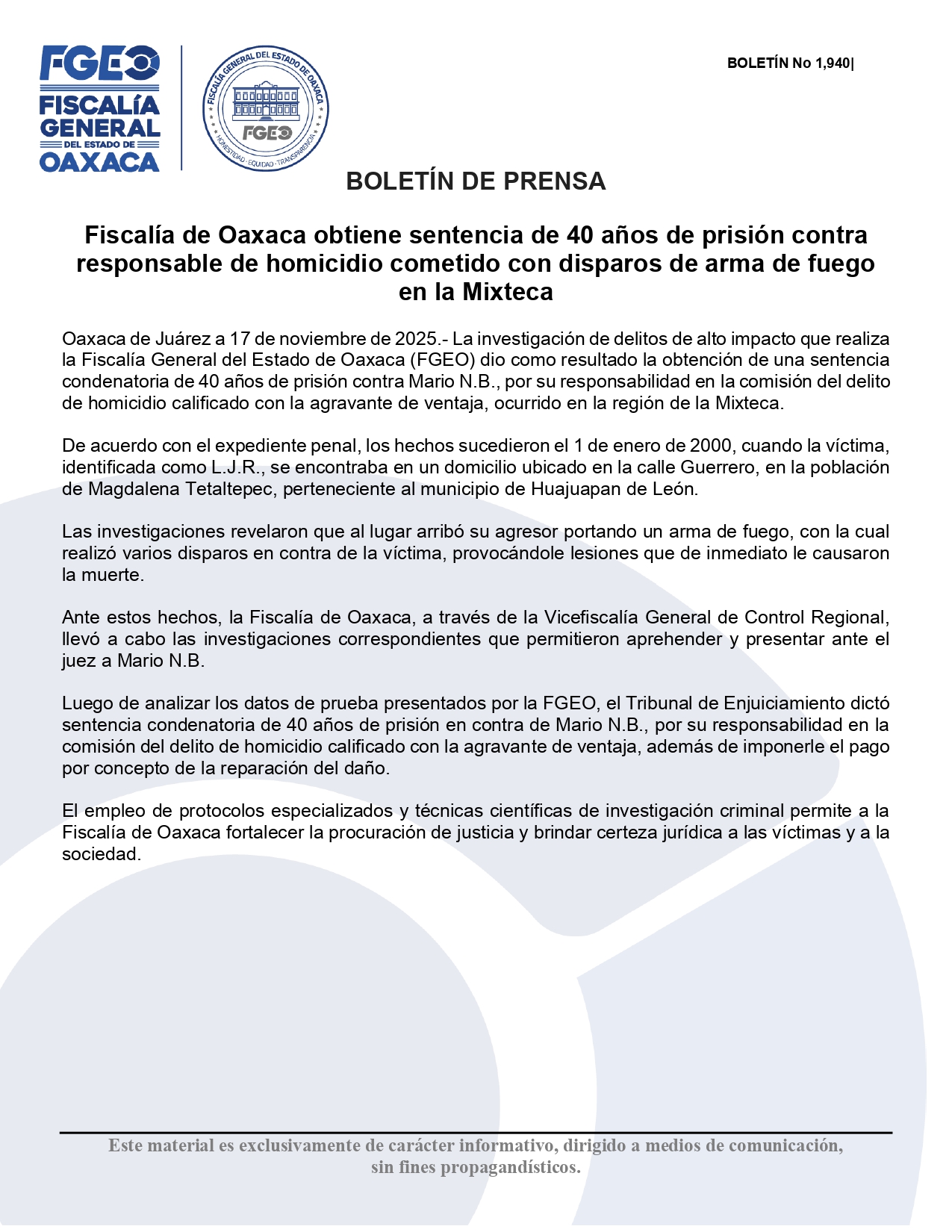 Obtiene FGEO sentencia de 40 años de prisión contra responsable de homicidio cometido con disparos de arma de fuego en la Mixteca