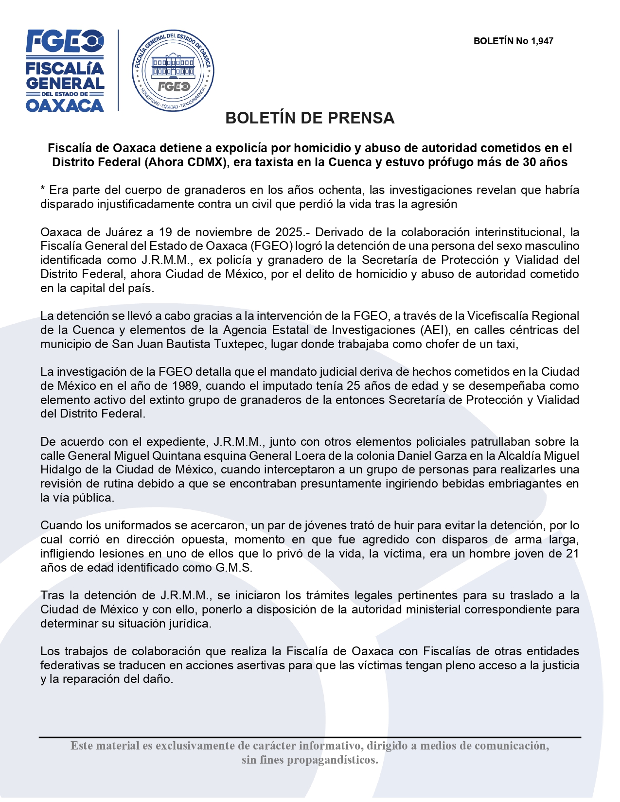 Detiene FGEO a expolicía por homicidio y abuso de autoridad cometidos en CDMX, era taxista en la Cuenca y estuvo prófugo más de 30 años