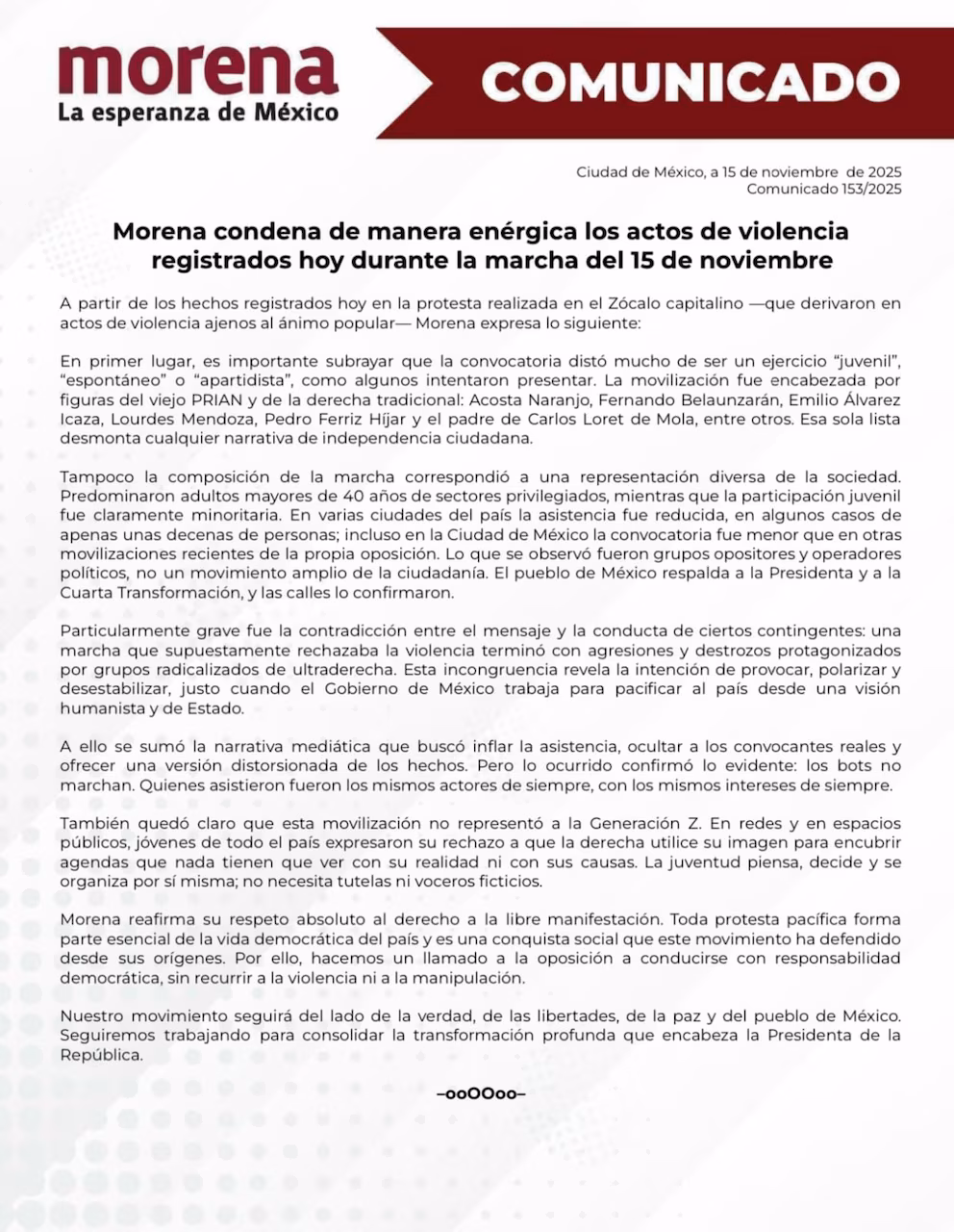 Morena condena actos de violencia durante la marcha del 15 de noviembre y acusa intento de manipulación política