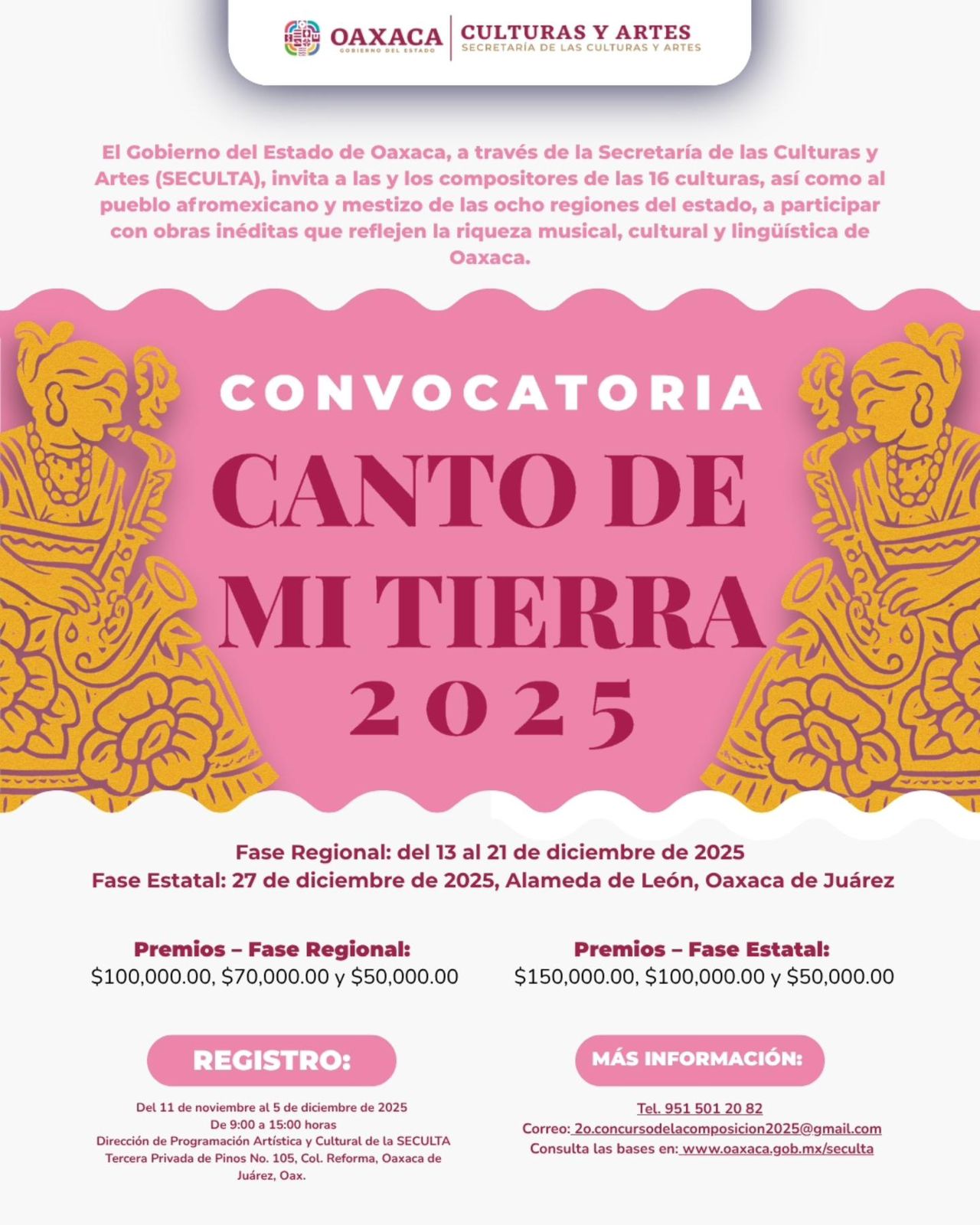Continúa abierta la convocatoria del 2º Concurso de Composición de la Canción Oaxaqueña “Canto de mi Tierra”: Seculta