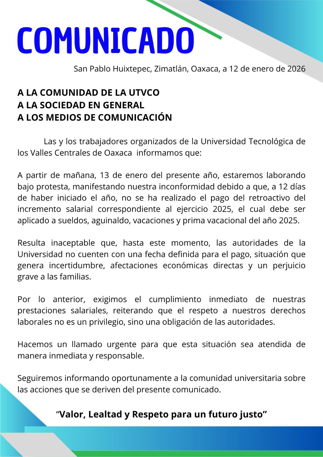 Exigen trabajadores de la UTVCO pago de retroactivos; laboran bajo protesta