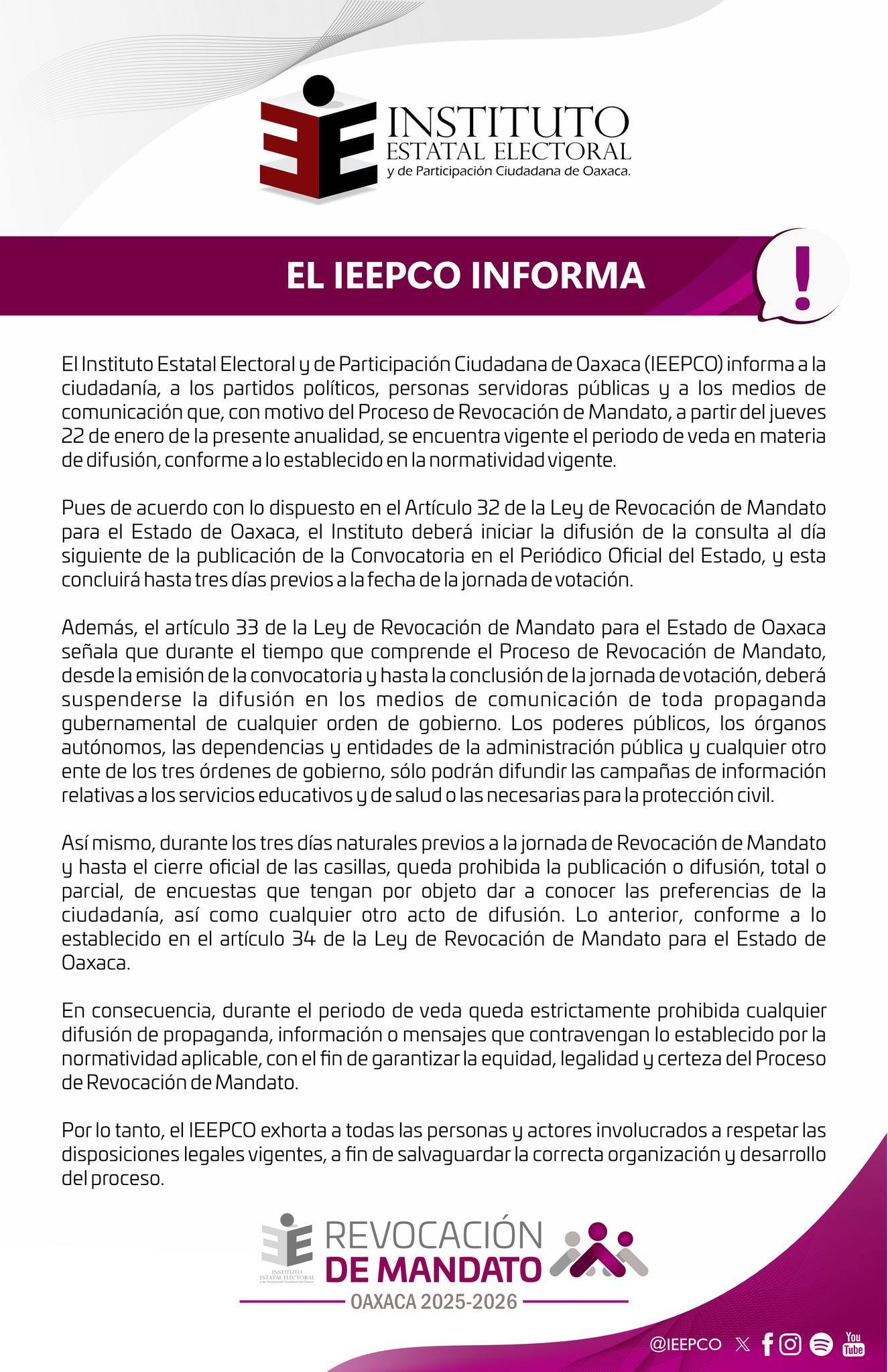 Entra en vigor veda informativa por Revocación de Mandato en Oaxaca