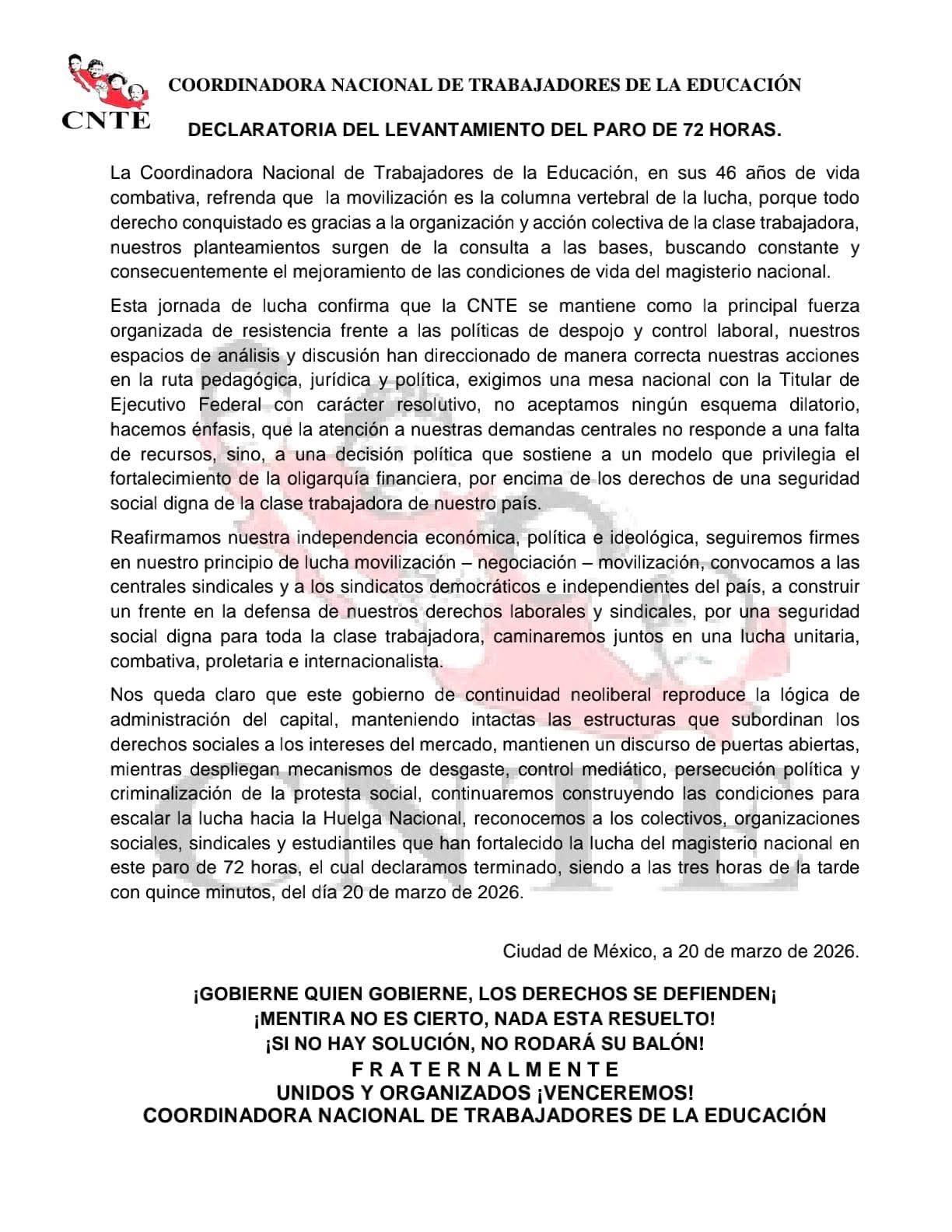 CNTE concluye paro nacional de 72 horas y anuncia continuidad de acciones