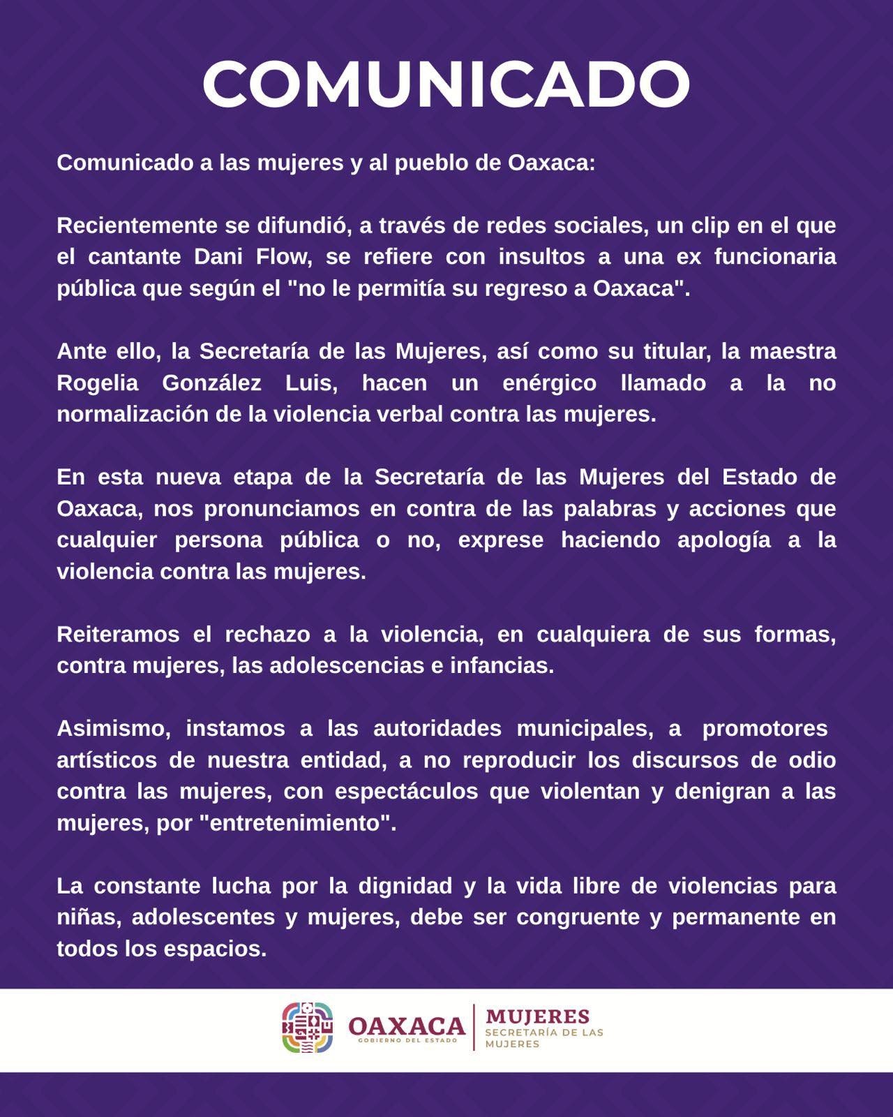 Condena Secretaría de las Mujeres insultos de Dani Flow contra ex funcionaria en Oaxaca