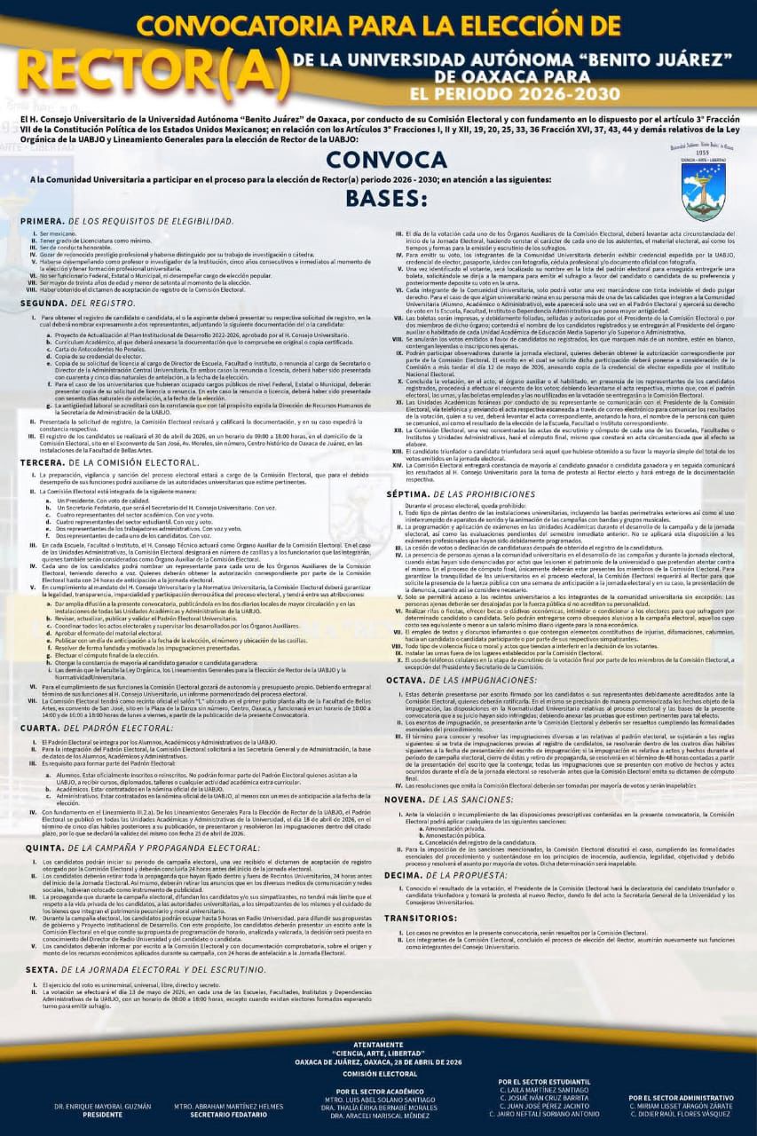 Emiten convocatoria para elegir Rector(a) de la UABJO para el periodo 2026-2030