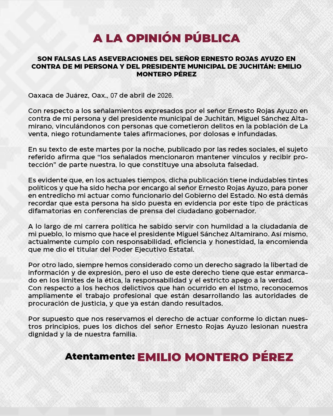 Niega Emilio Montero vínculos con hechos delictivos en el Istmo; acusa campaña política en su contra