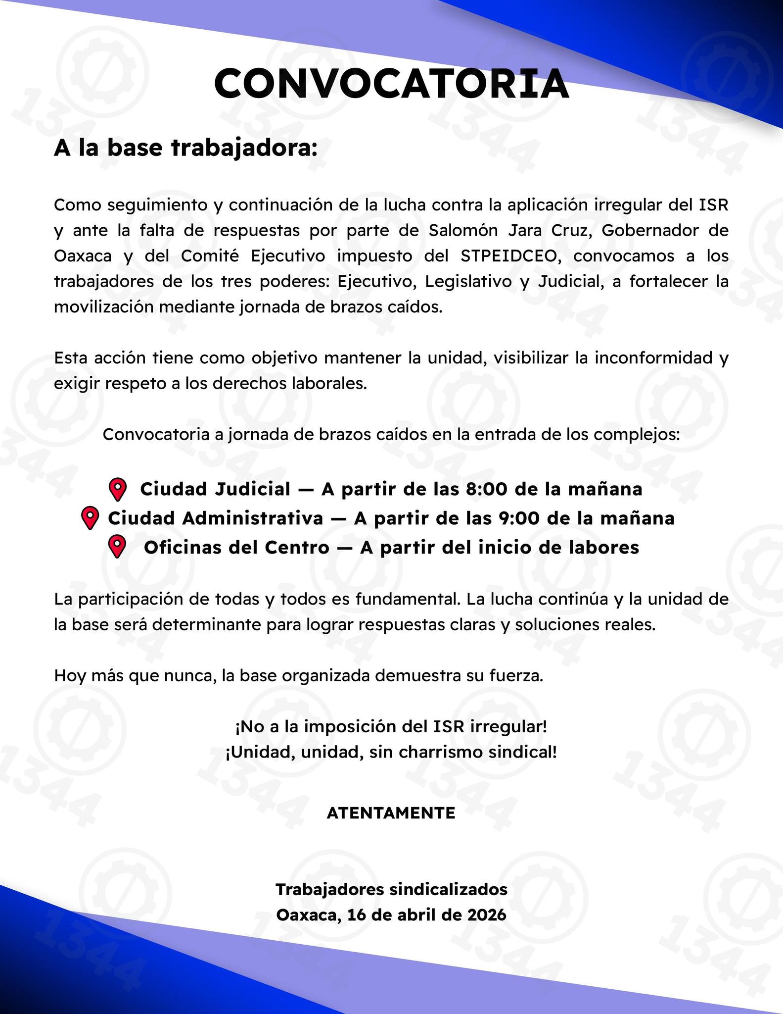 Realizan burócratas paro de “brazos caídos” por rechazo a aplicación del ISR en Oaxaca