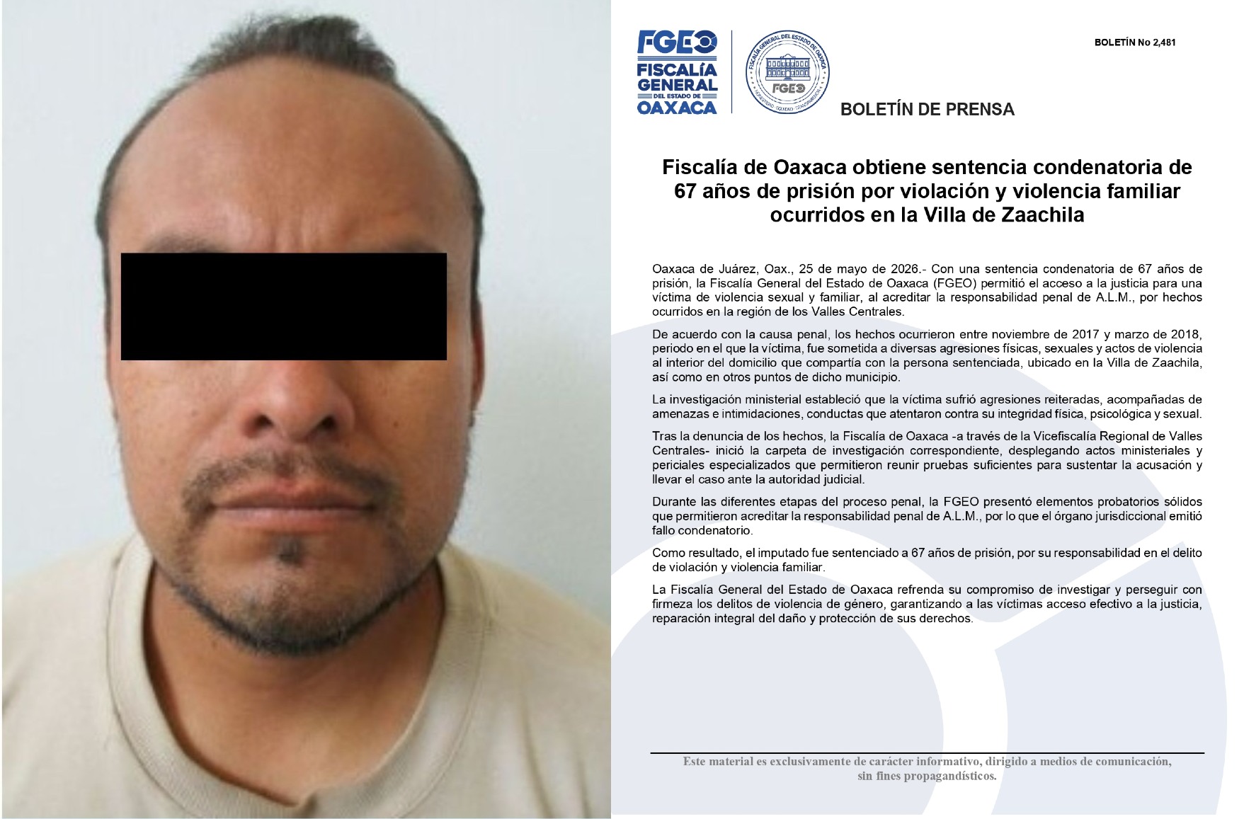Obtiene FGEO sentencia condenatoria de 67 años de prisión por violación y violencia familiar ocurridos en la Villa de Zaachila