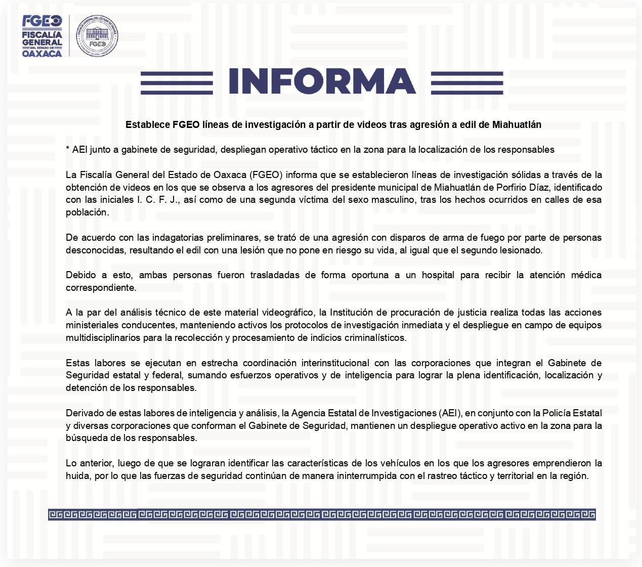 Establece FGEO líneas de investigación a partir de videos tras agresión a edil de Miahuatlán