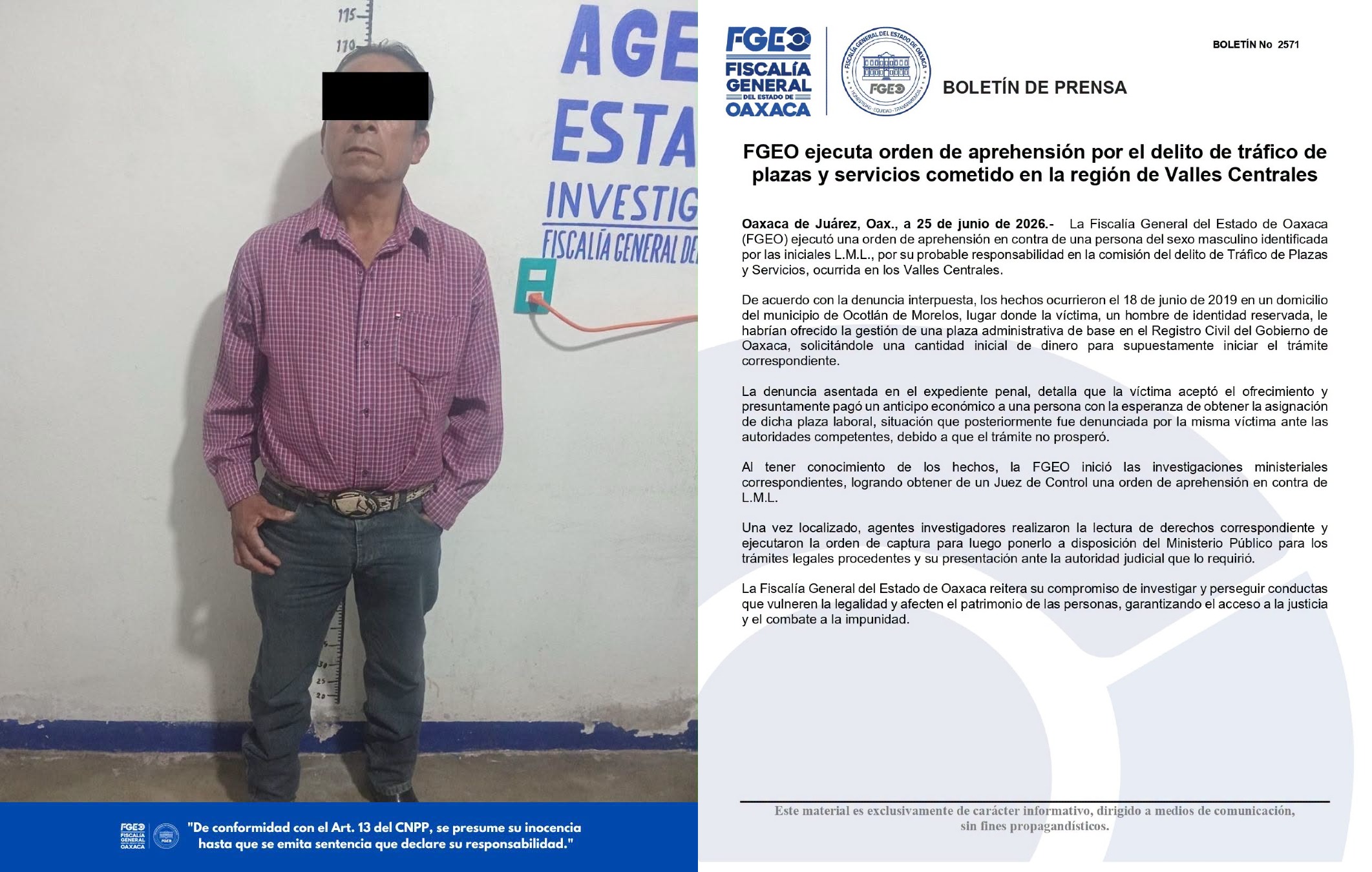 Detienen a implicado por tráfico de plazas en Valles Centrales